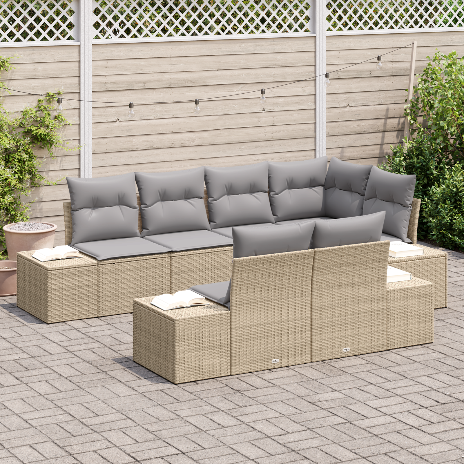 vidaXL 7-delige Tuinbankenset met kussens poly rattan beige