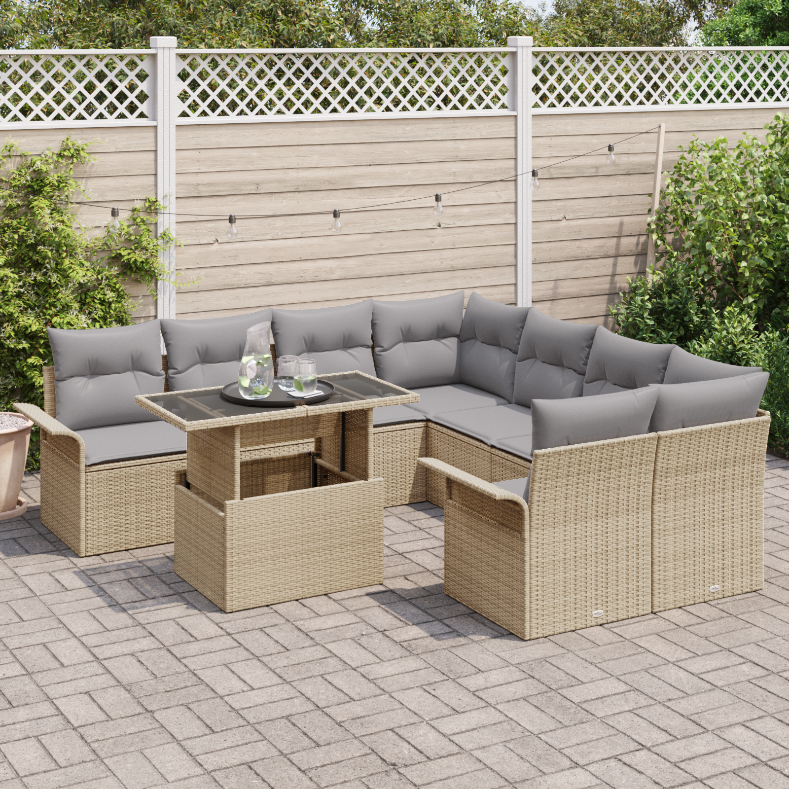 vidaXL 9-delige tuinbankset met kussens in beige poly rattan