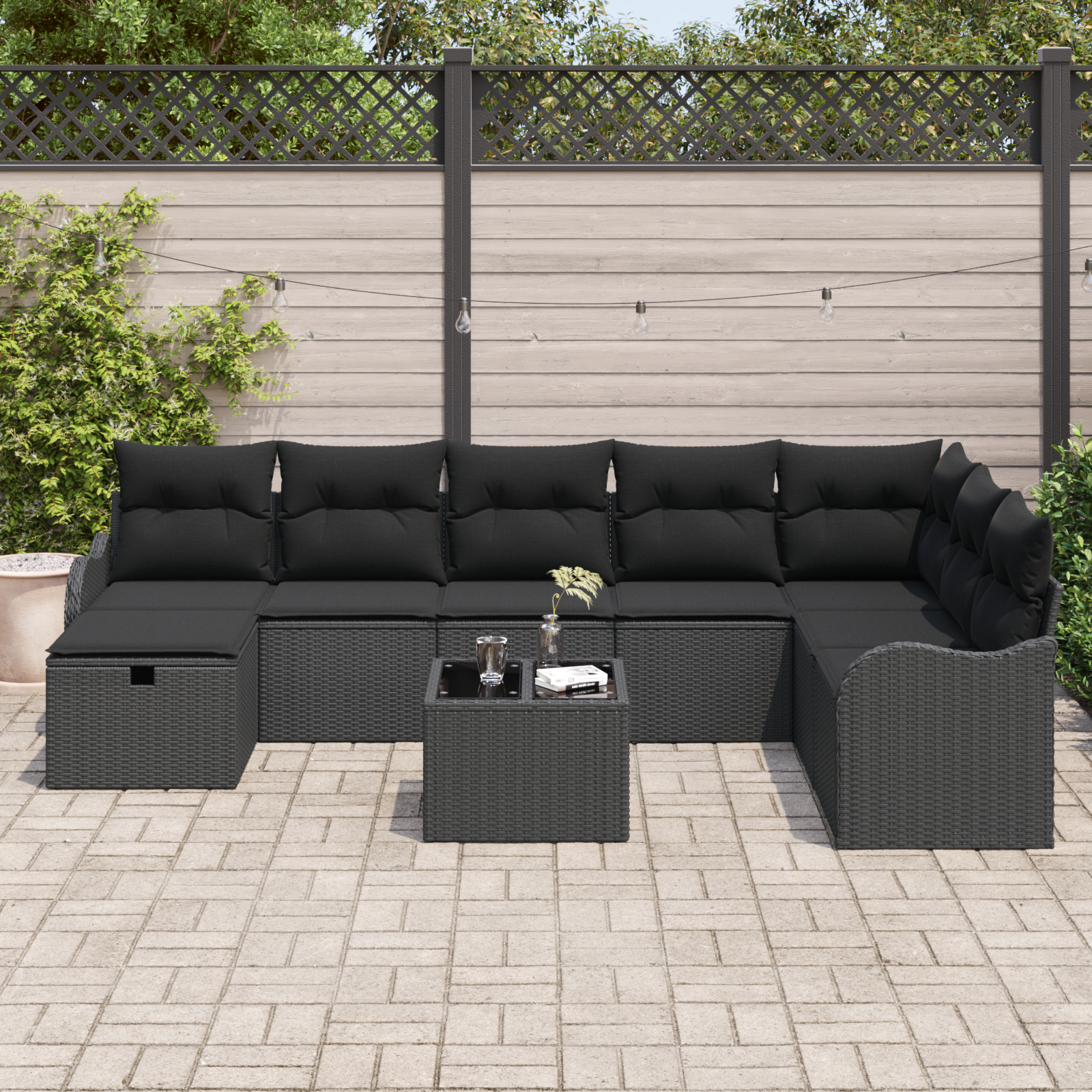 vidaXL 9-delige Tuinbankenset met kussens poly rattan zwart