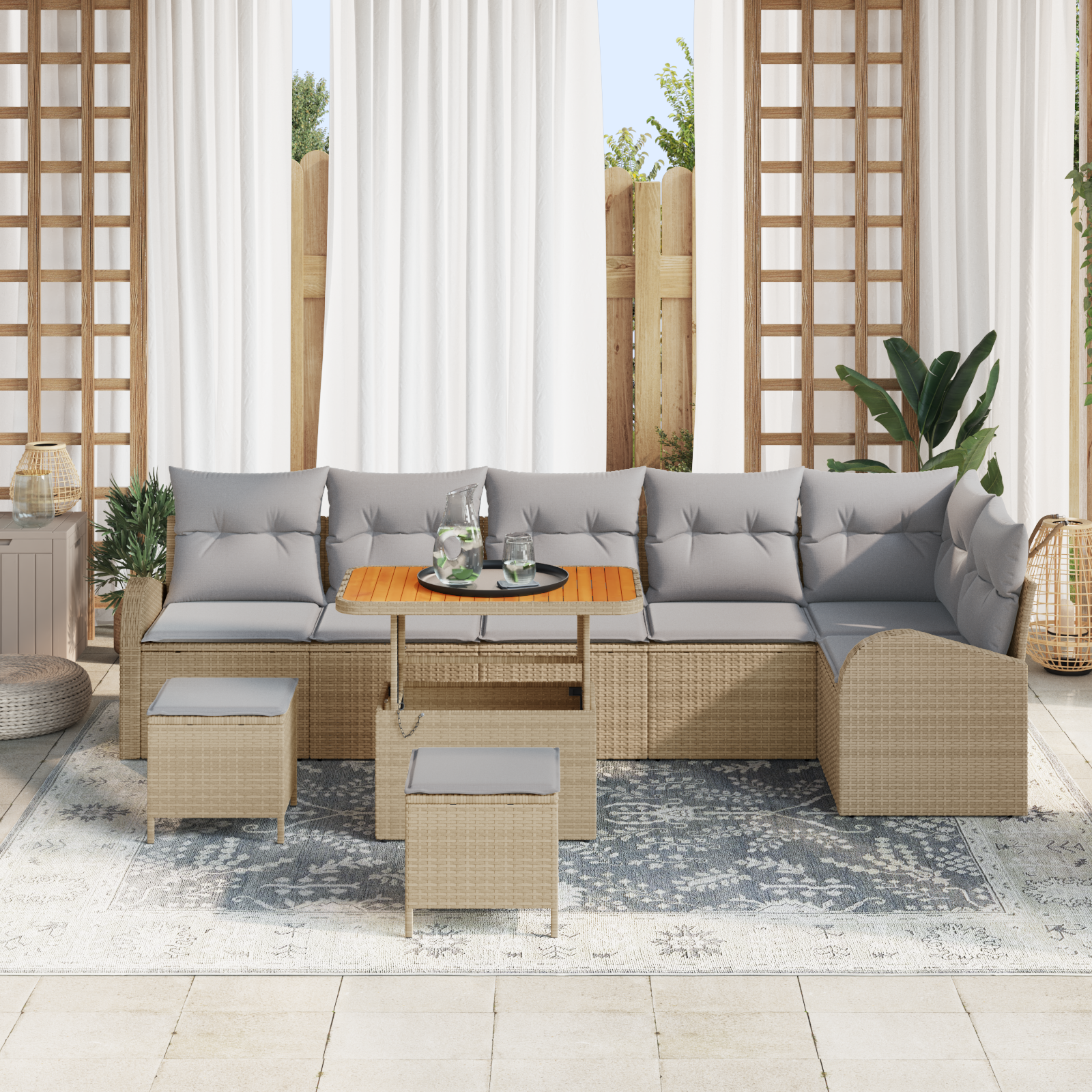 vidaXL 9-delige Tuinbankenset met kussens poly rattan acacia beige