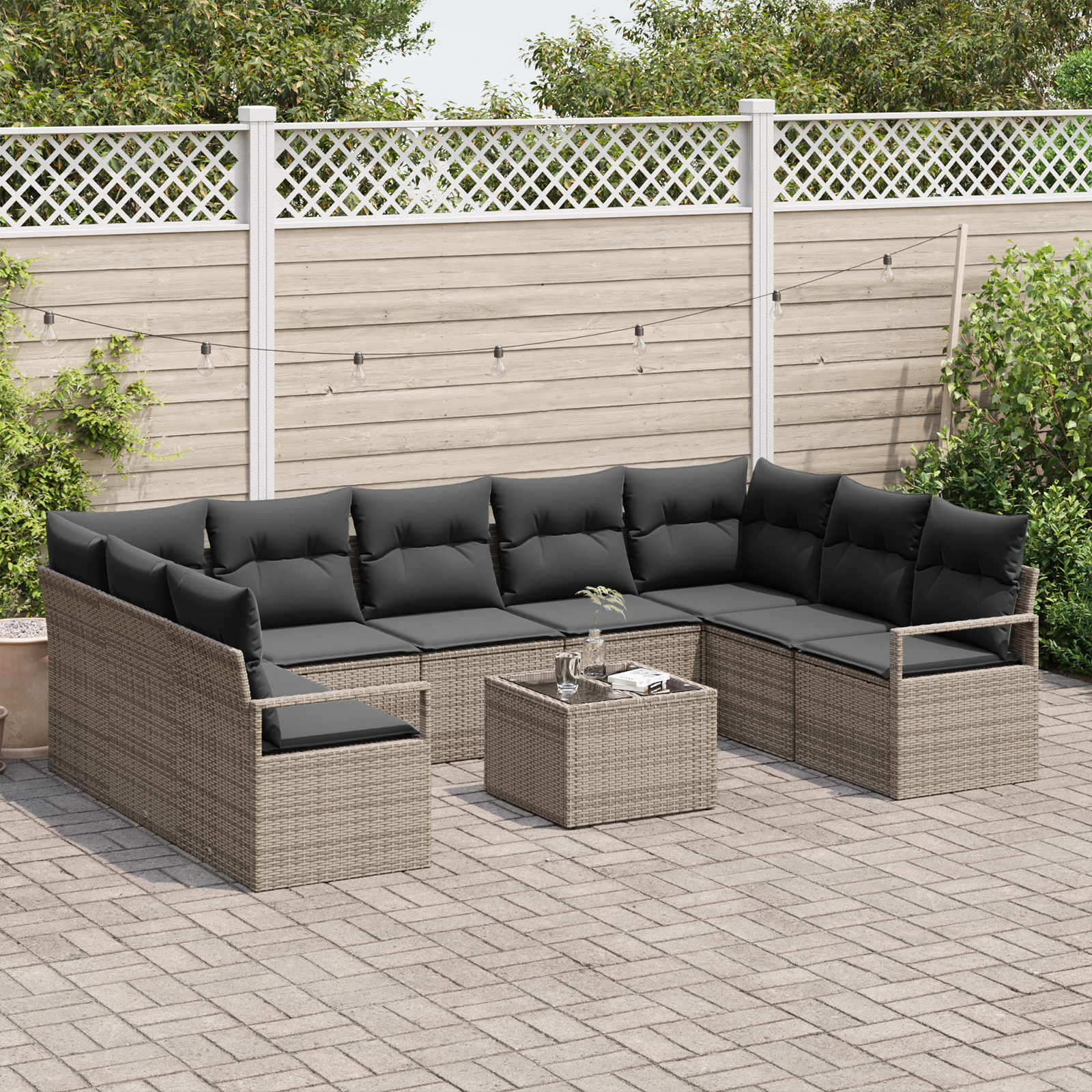vidaXL 9-delige Tuinbankenset met kussens poly rattan zwart