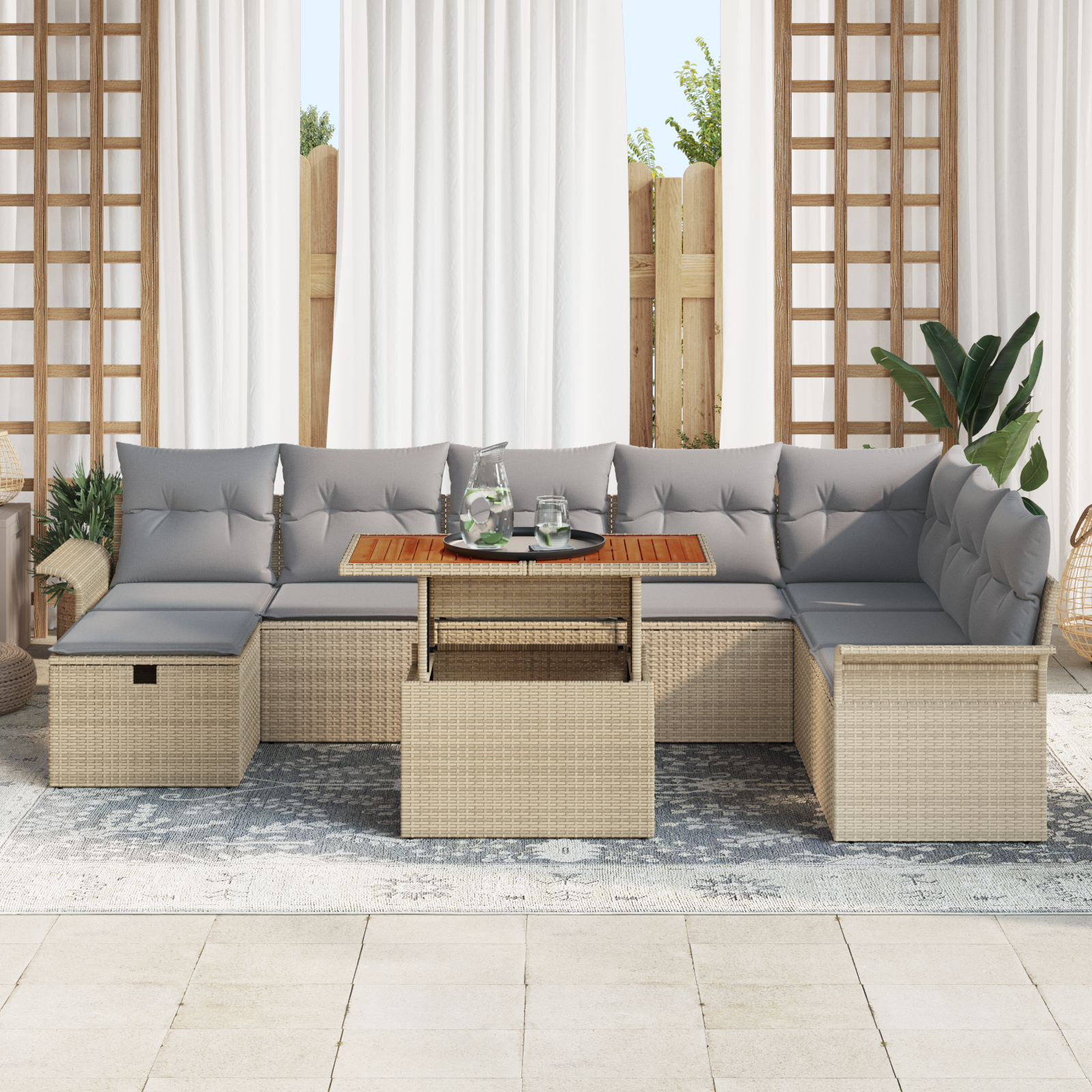 vidaXL 9-delige tuinset met kussens in beige poly rattan