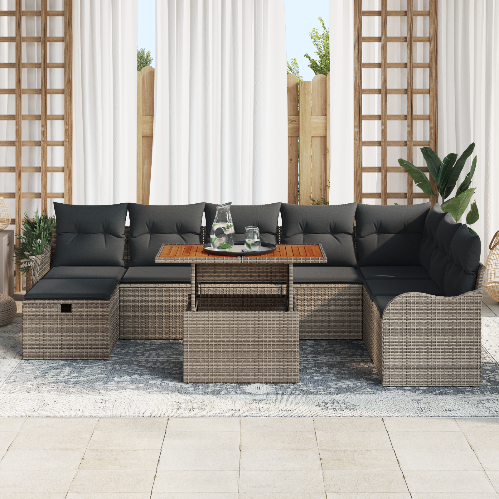 vidaXL 9-delige lounge set voor in de tuin met kussens - grijs poly rattan