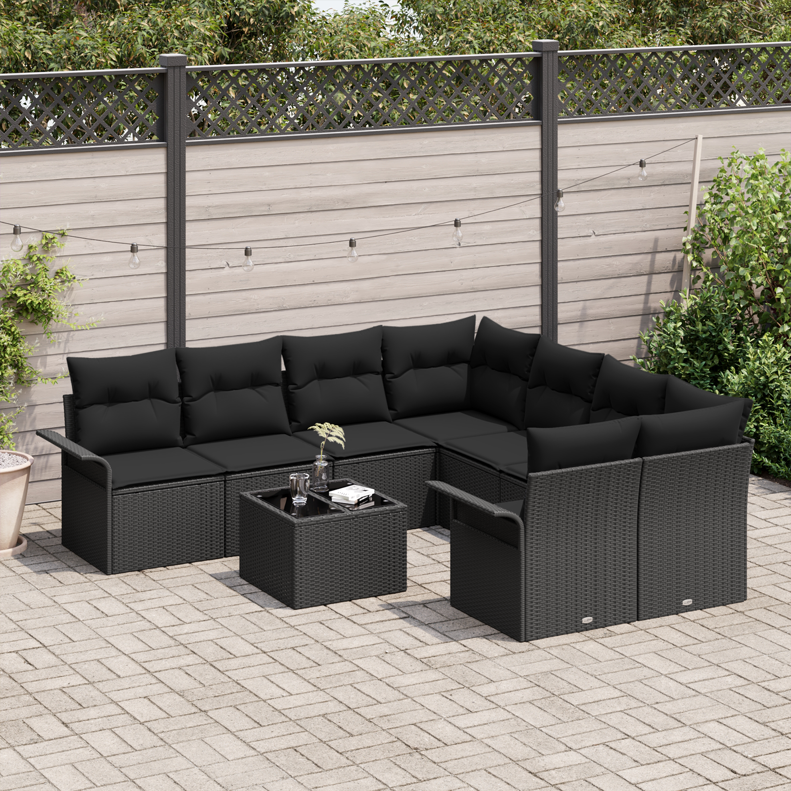 vidaXL 9-delige tuinsofa set met kussens zwart poly rattan