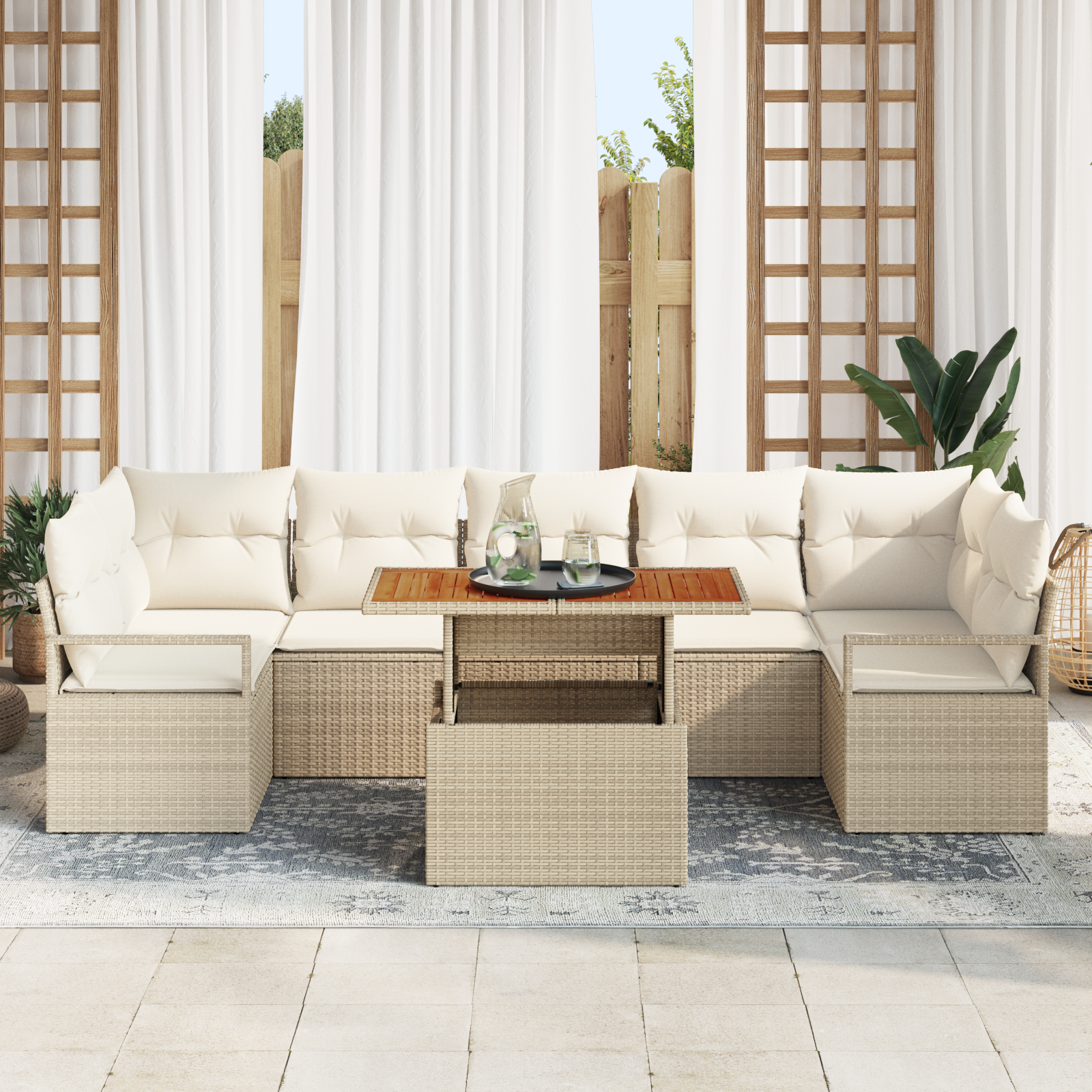 vidaXL 8-delige Tuinbankenset met kussens poly rattan acacia beige