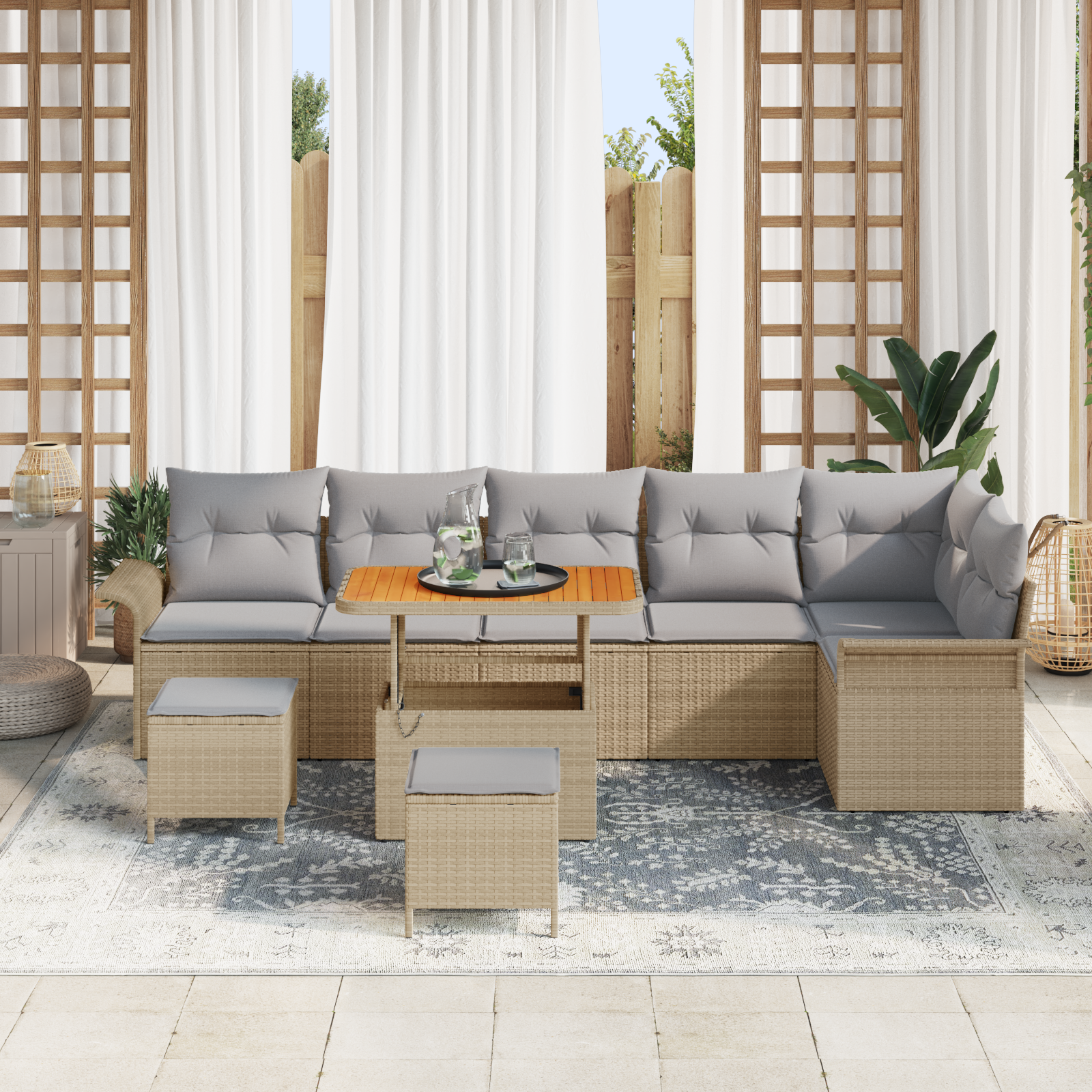 vidaXL 9-delige Tuinbankenset met kussens poly rattan acacia beige