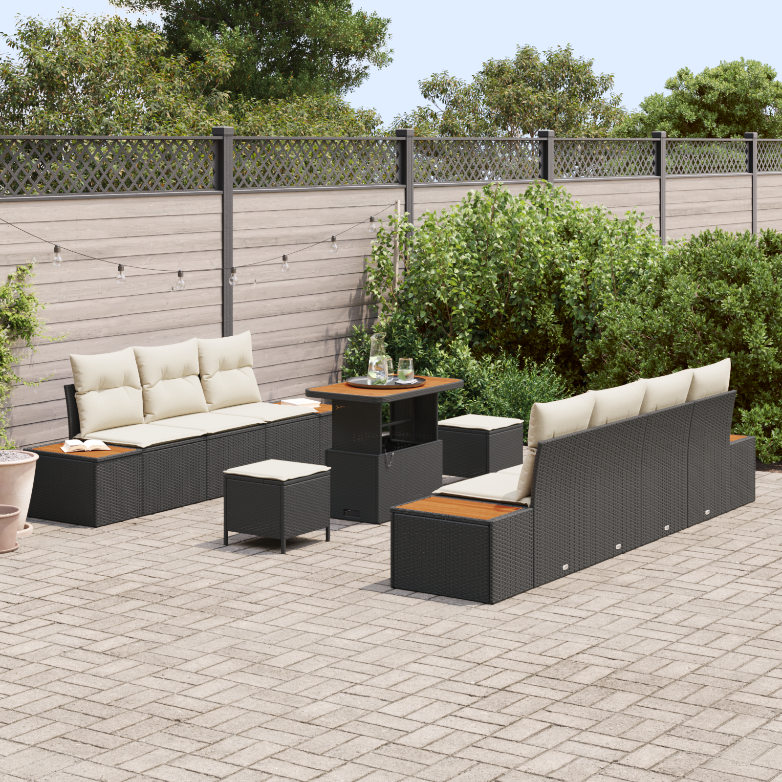vidaXL 10-delige tuinset met kussens zwart poly rattan acacia