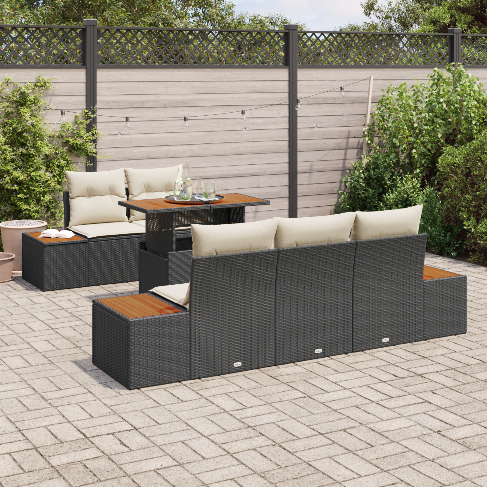 vidaXL 6-delige Tuinbankenset met kussens in poly rattan zwart