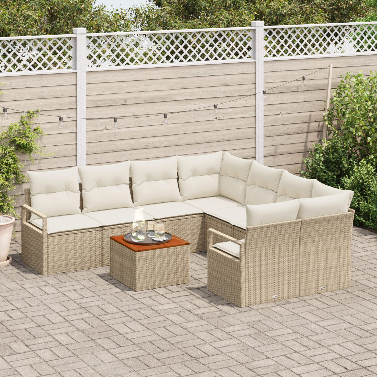 vidaXL 9-delige tuinset met kussens Beige poly riet Acacia