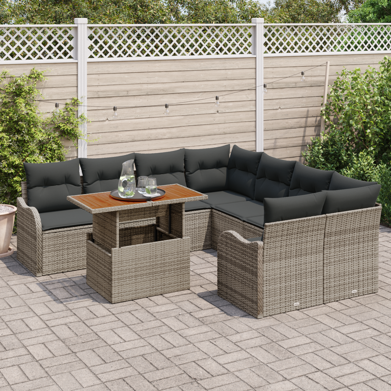vidaXL 9-delige tuinbankset met kussens, grijs, poly rattan en acacia