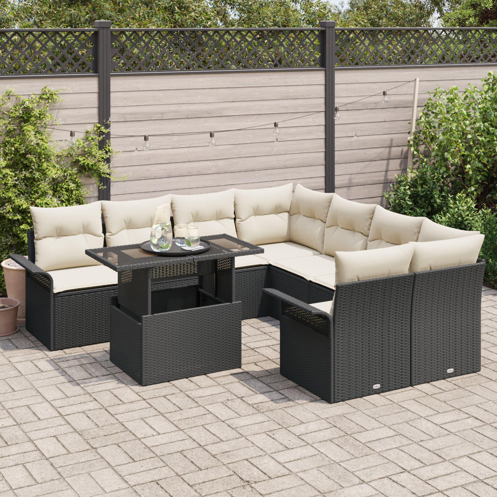vidaXL 9-delige tuinset met kussens in zwart poly rattan