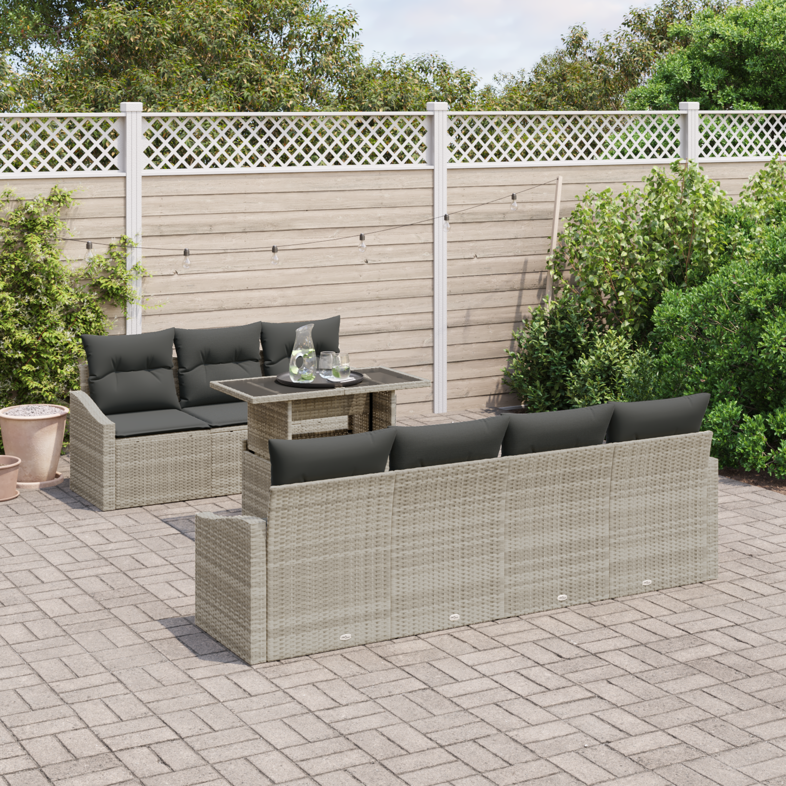 vidaXL 8-delige Tuinbankenset met kussens poly rattan lichtgrijs