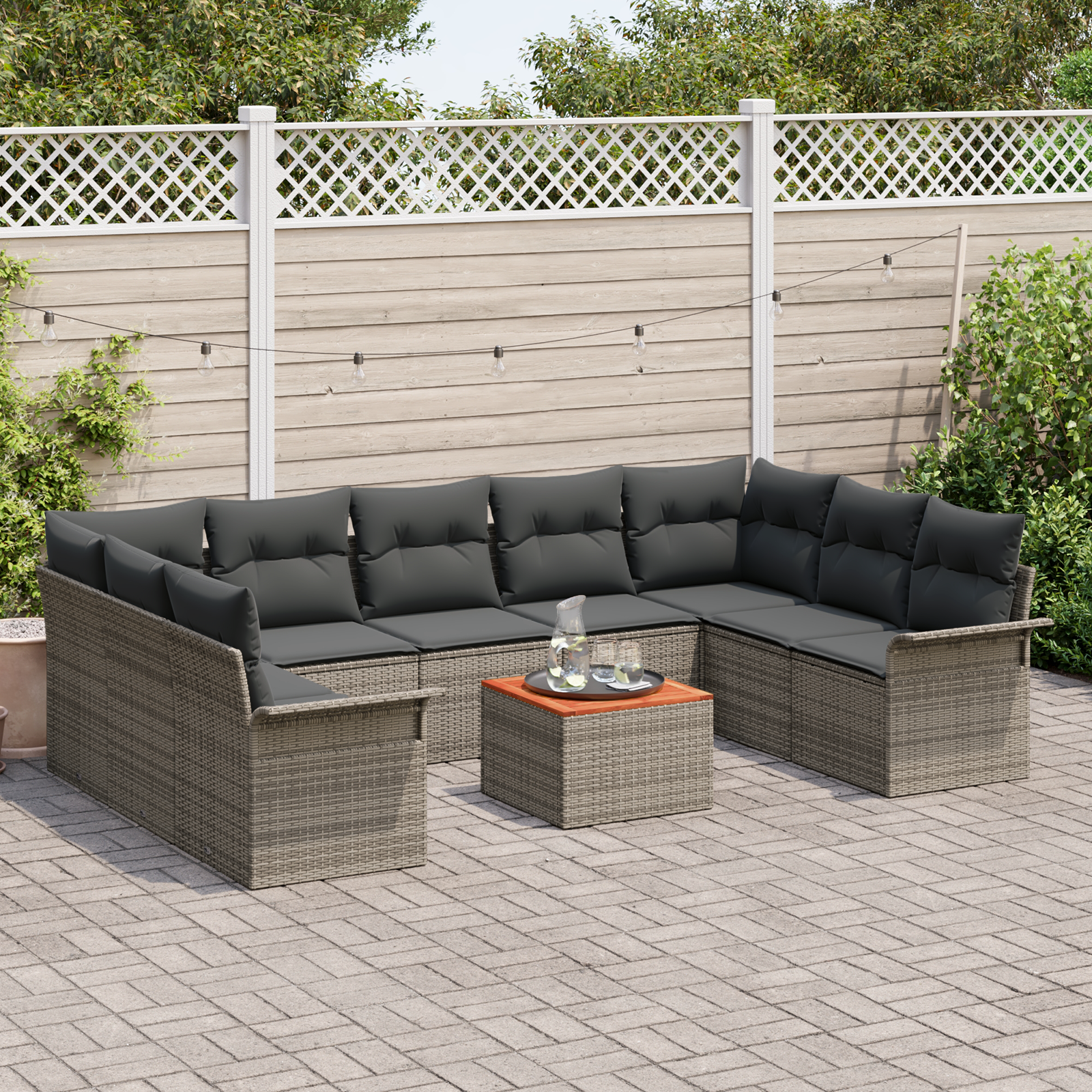 vidaXL 10-delige Tuinbankenset en kussens poly rattan acaciahout grijs