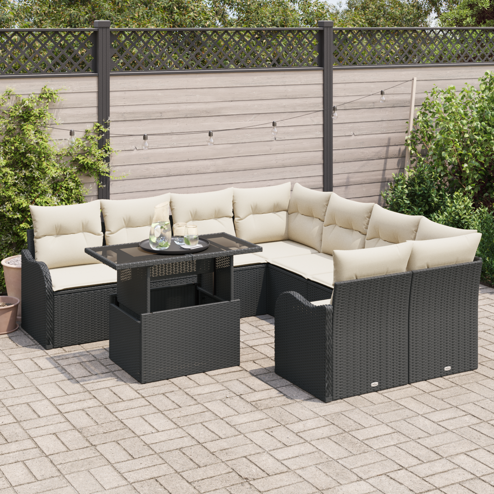 vidaXL 9-delige Tuinbankenset met kussens poly rattan zwart