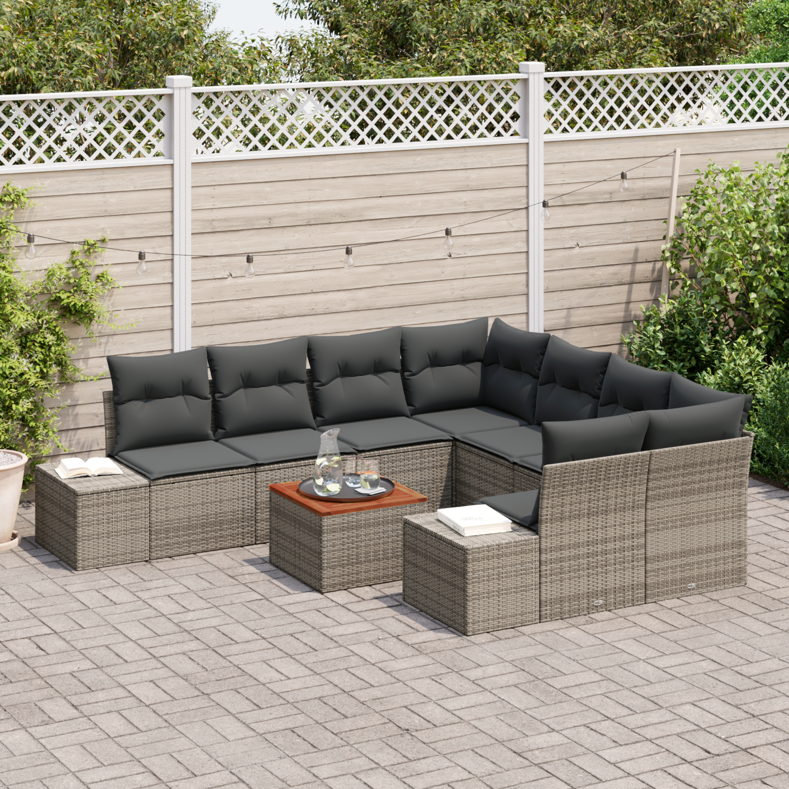 vidaXL 9-delige tuinset met kussens grijs van poly rattan en acacia
