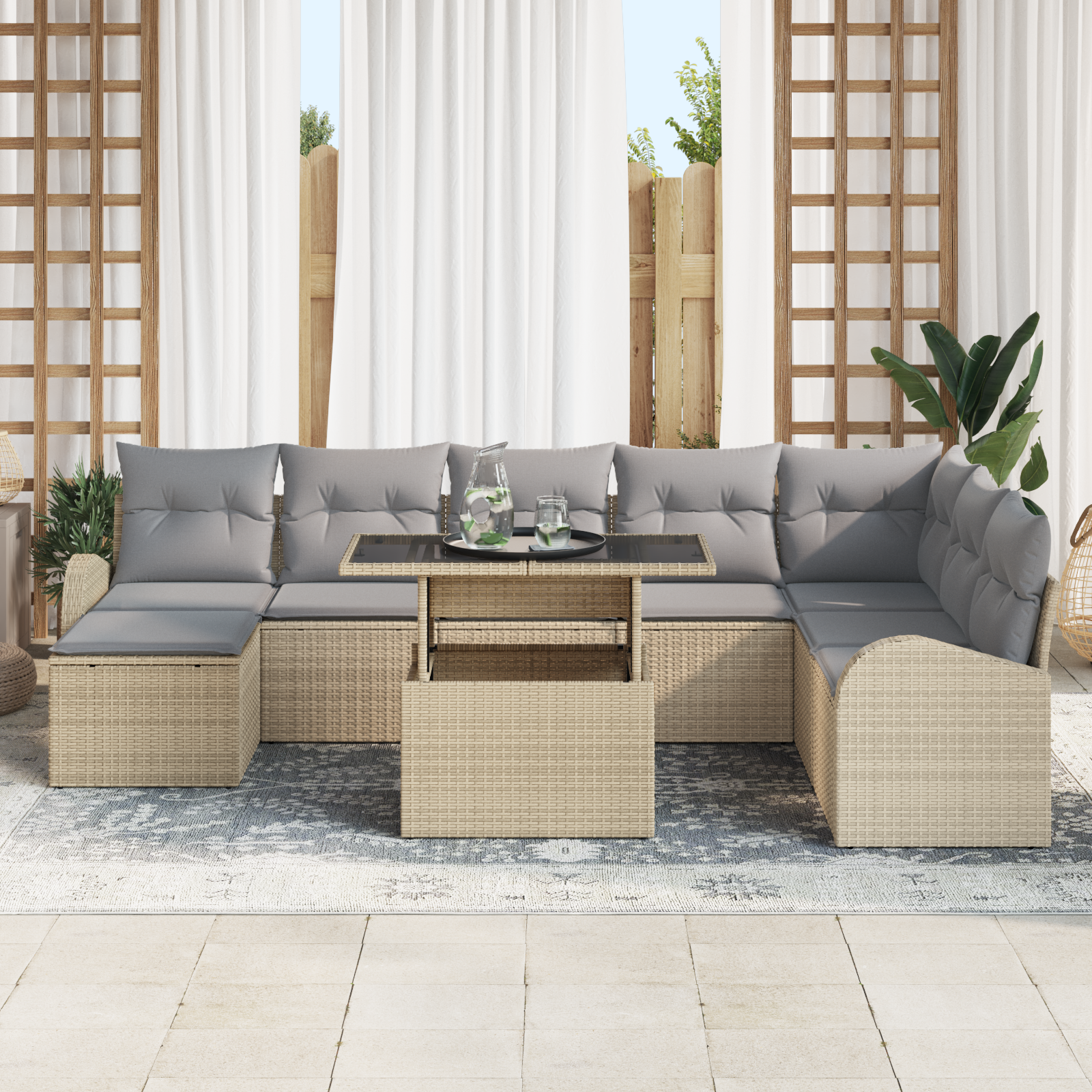 vidaXL 9-delige Tuinbankenset met kussens poly rattan beige