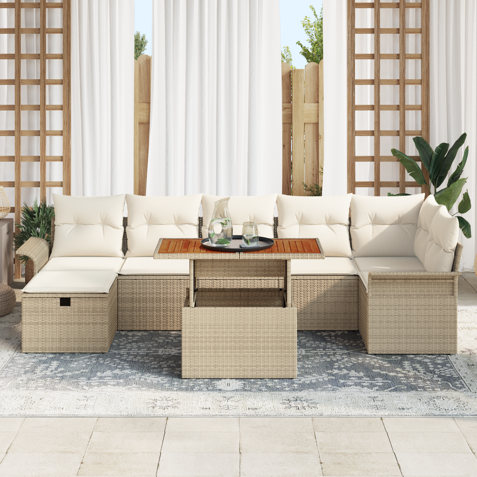 vidaXL 8-delige tuinbankset met kussens in beige poly rattan