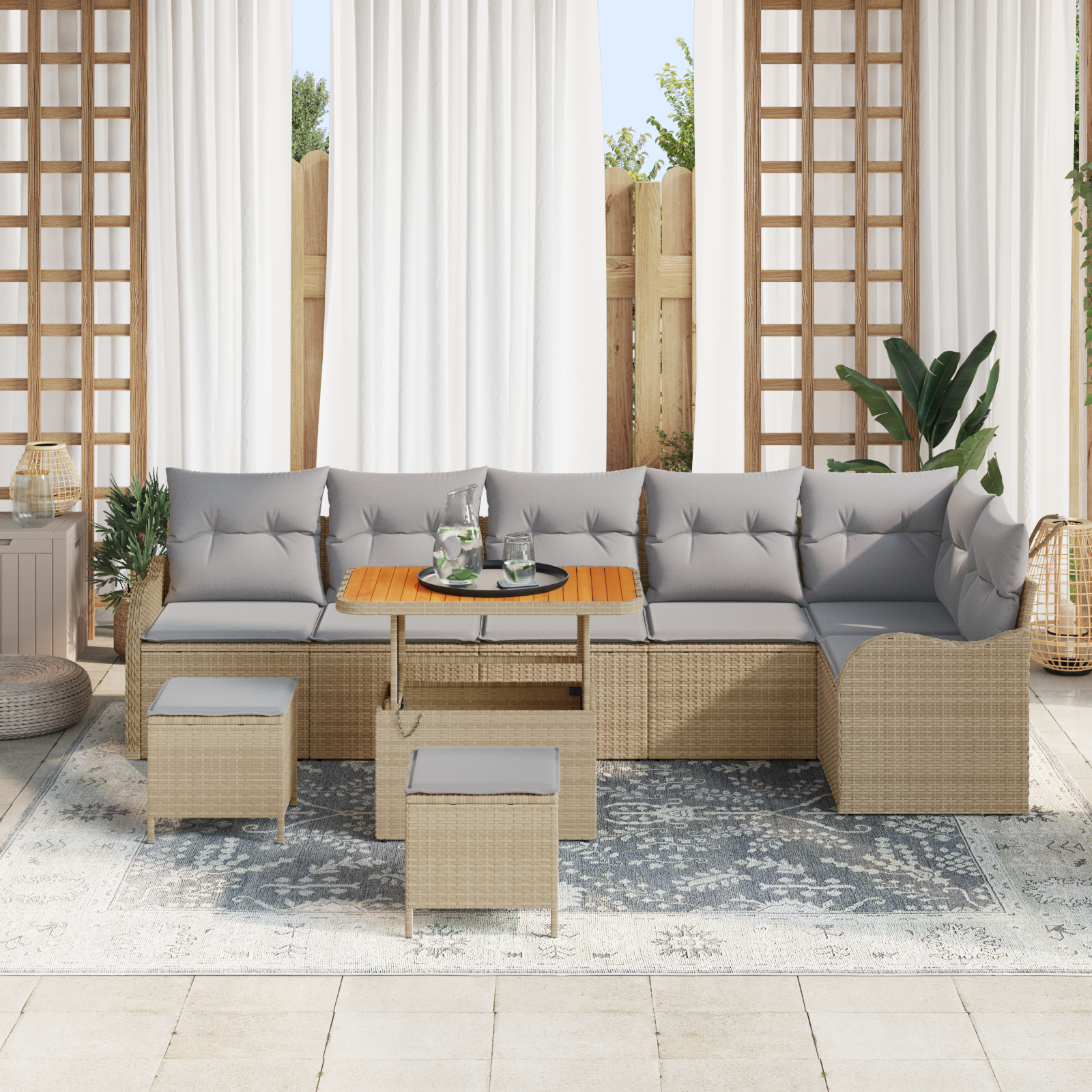 vidaXL 9-delige tuinhoekset met kussens in beige poly rattan en acacia