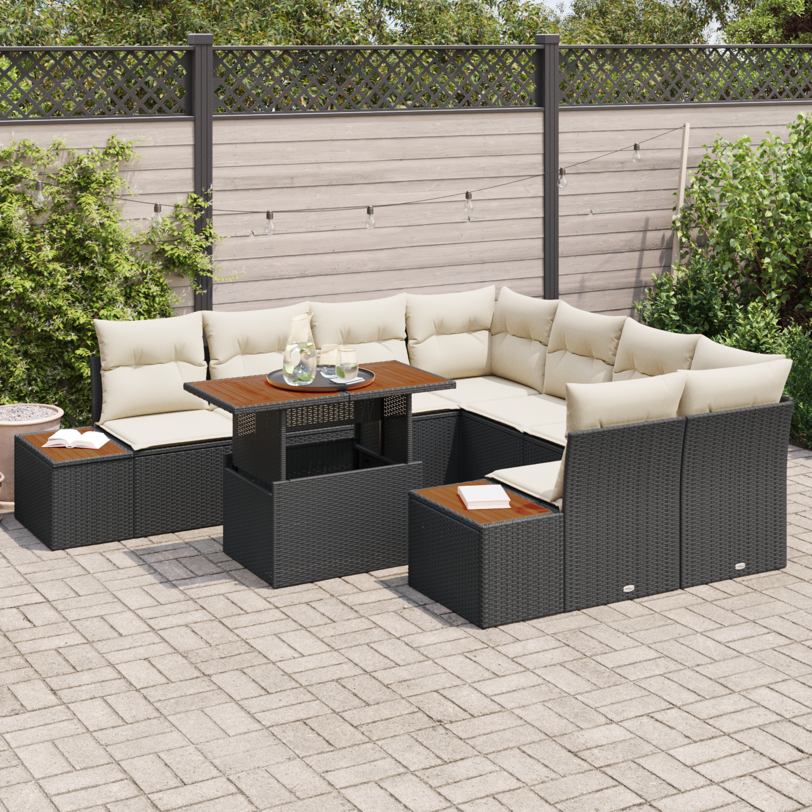vidaXL 9-delige Tuinset met kussens poly rattan acaciahout zwart