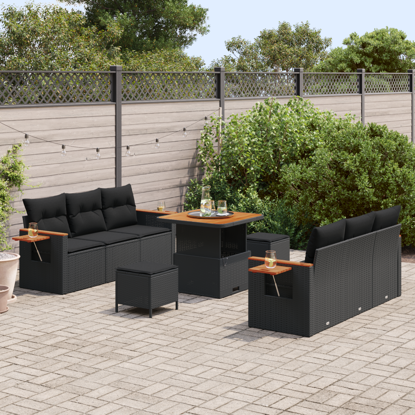 vidaXL 9-delige Tuinbankenset met kussens poly rattan acacia zwart