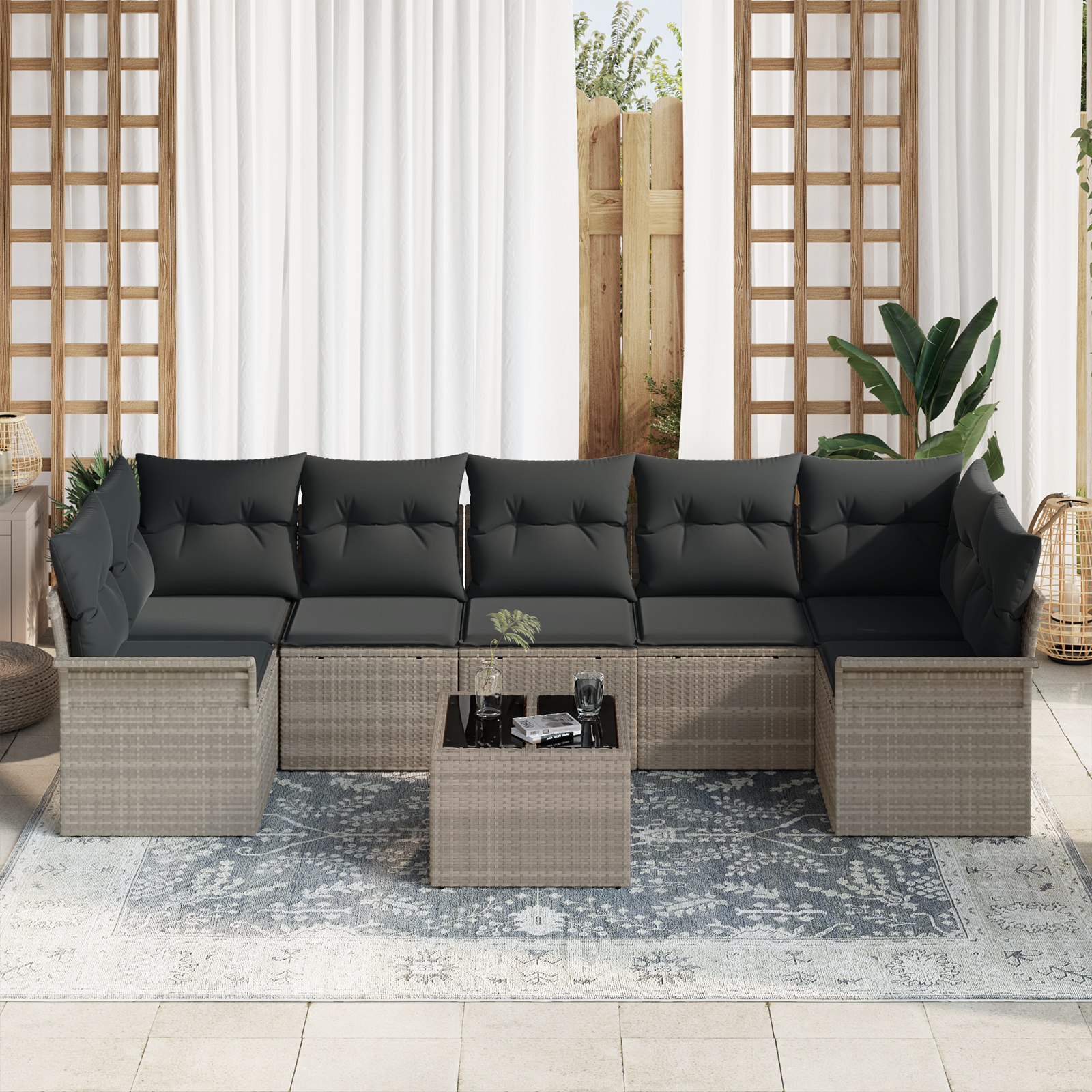 vidaXL 8-delige Tuinbankenset met kussens poly rattan lichtgrijs