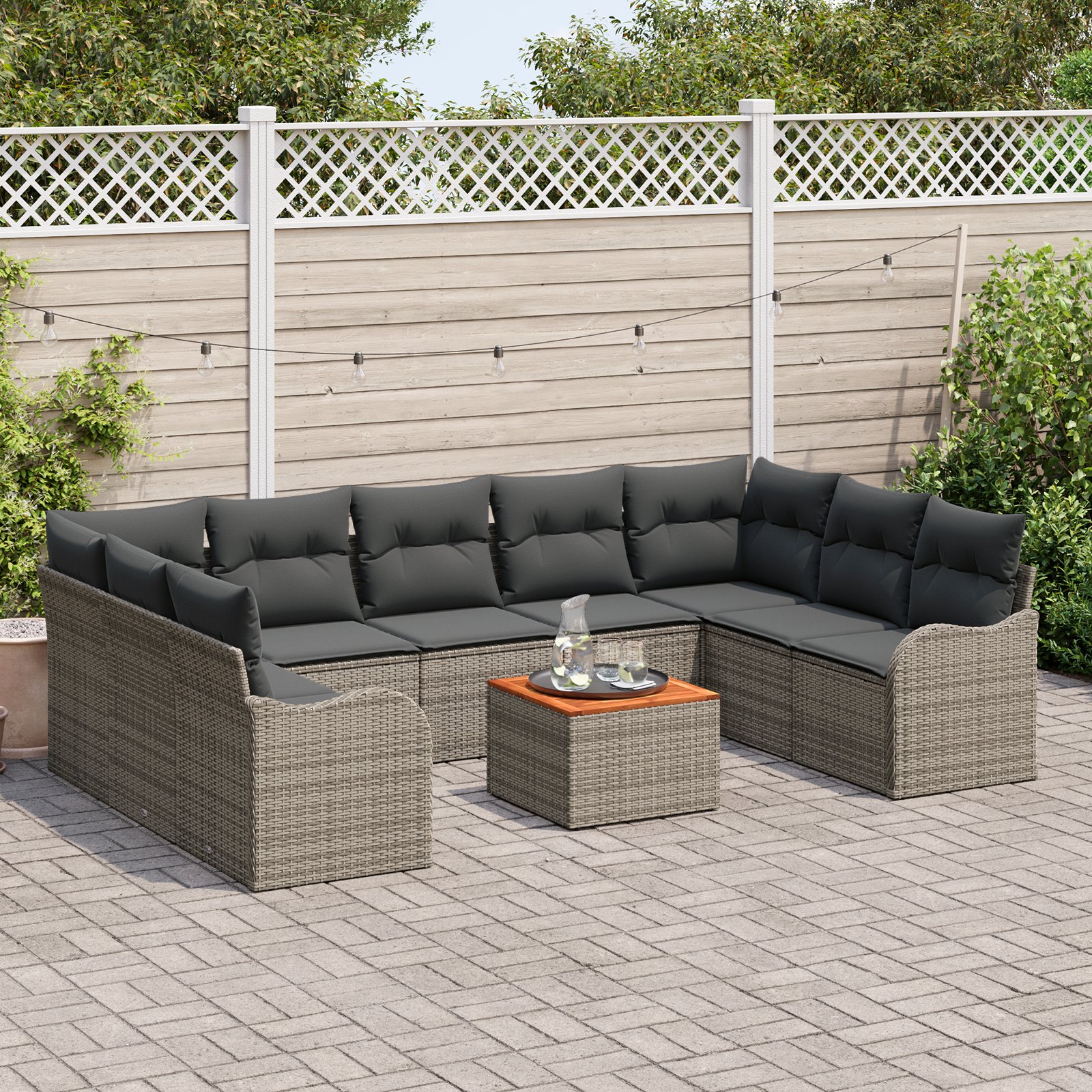 vidaXL 10-delige tuinset met kussens in grijs poly rattan en acacia