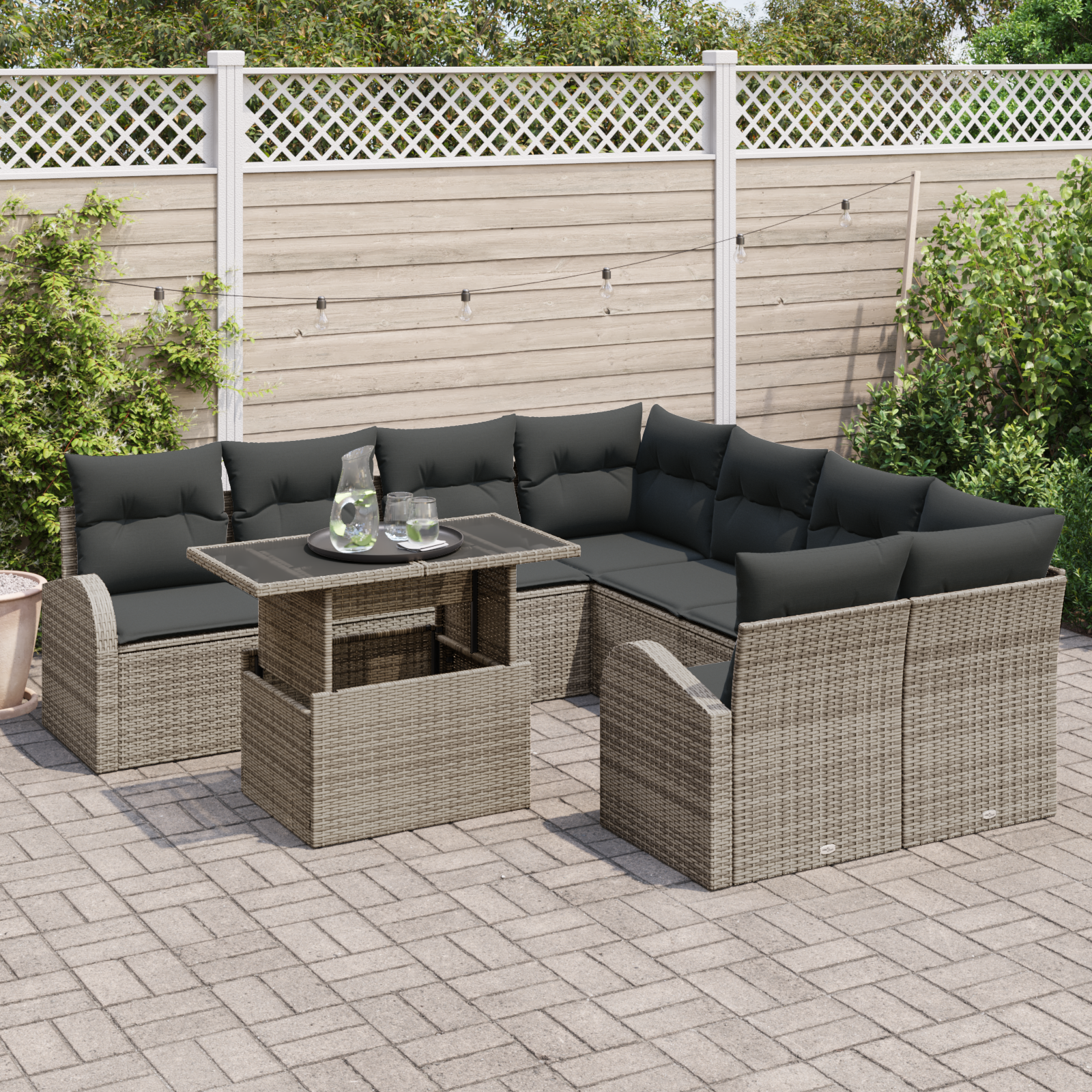 vidaXL 9-delige Tuinbankenset met kussens poly rattan grijs