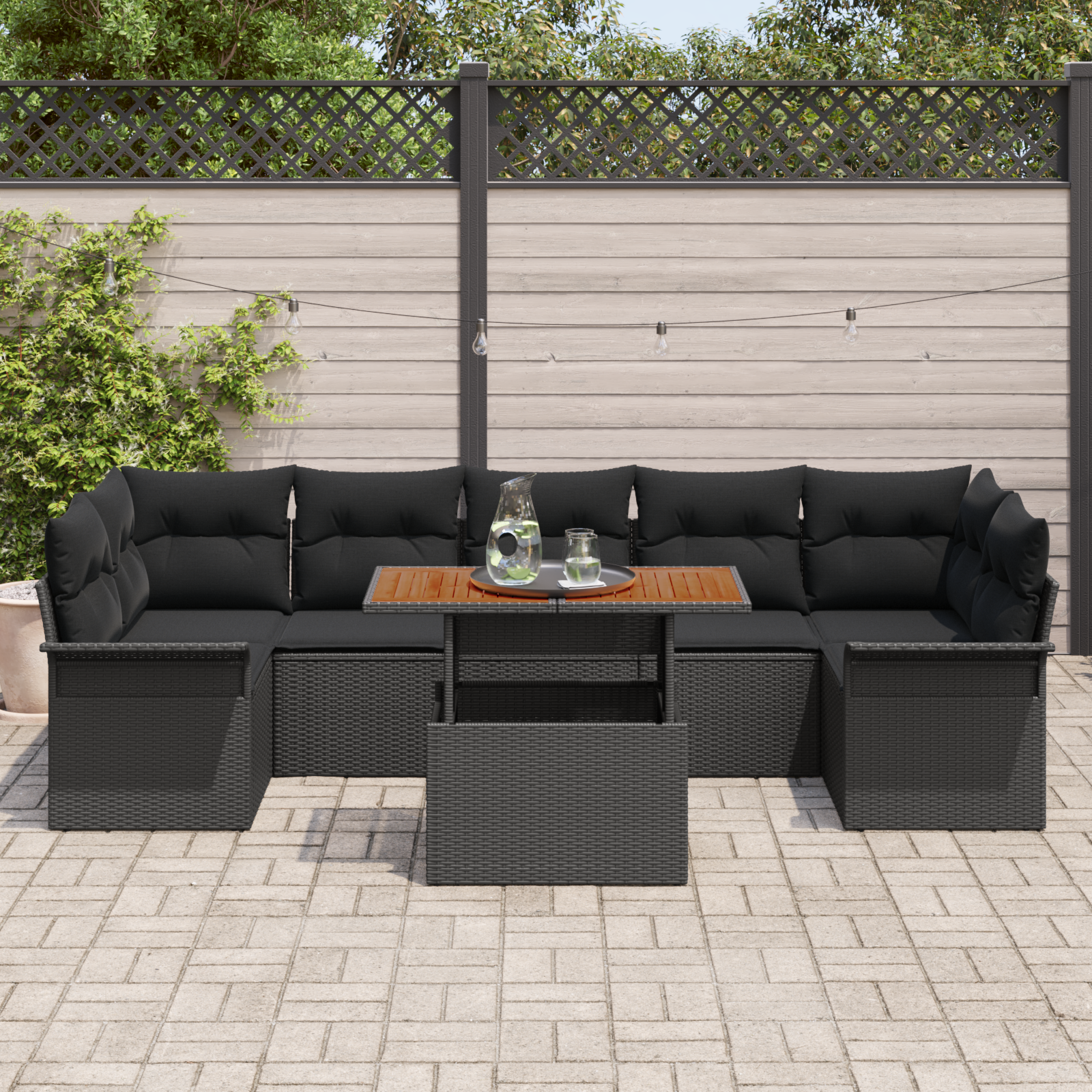 vidaXL 8-delige tuinset met kussens - zwart poly riet en acacia