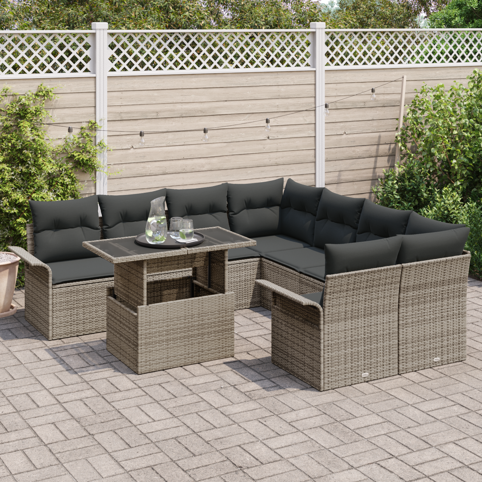 vidaXL 9-delige Tuinbankenset met kussens poly rattan grijs