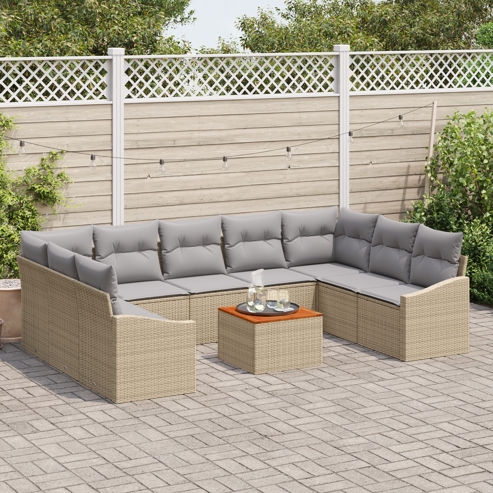 vidaXL 10-delige Tuinbankenset en kussens poly rattan acaciahout beige