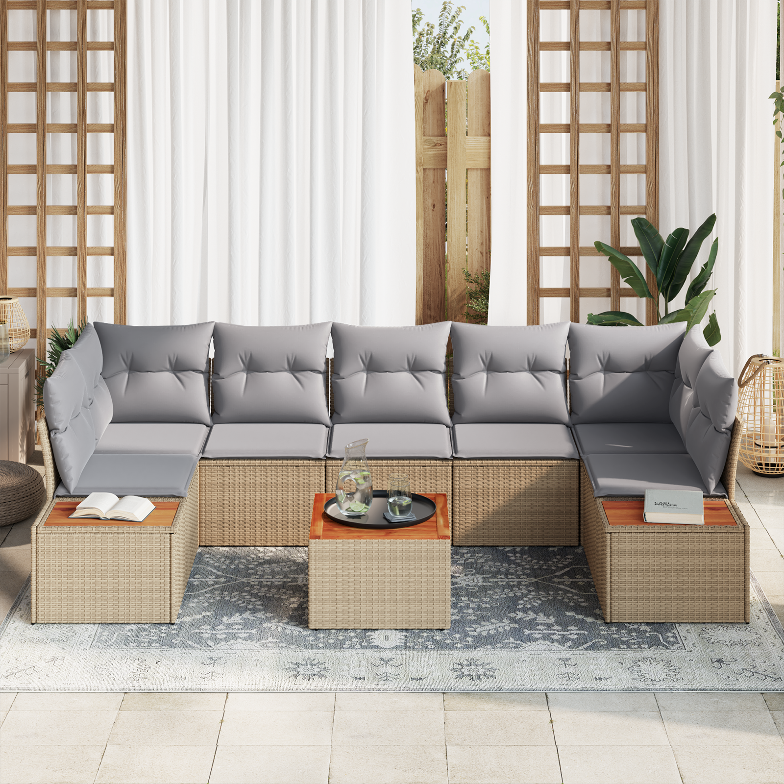 vidaXL 8-delige tuinsofa set met kussens in Beige van Poly Rattan en Acacia
