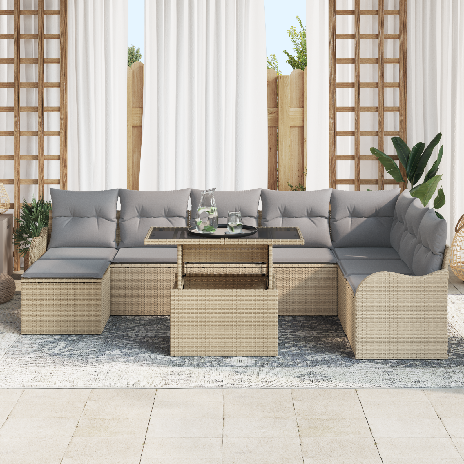 vidaXL 9-delige Tuinbankenset met kussens poly rattan beige