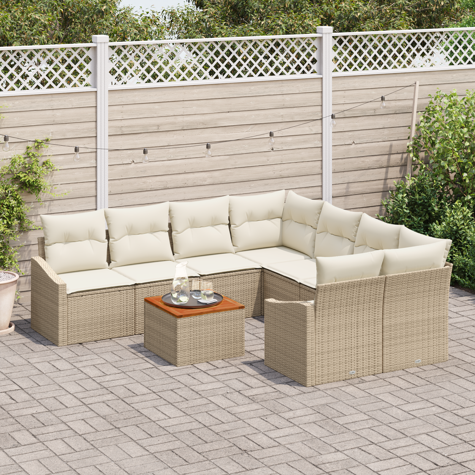 vidaXL 9-delige Tuinbankenset met kussens poly rattan acaciahout beige