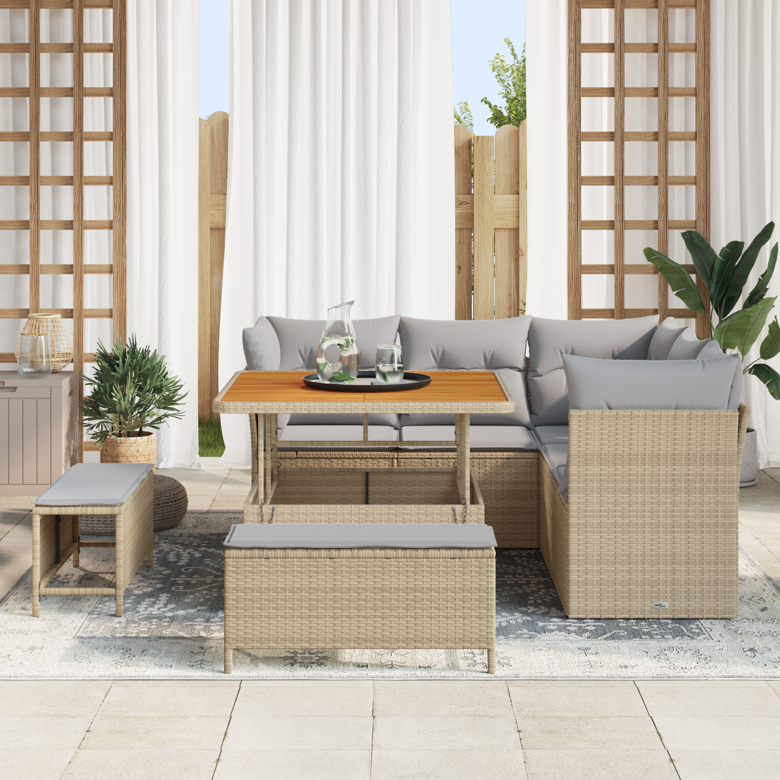 vidaXL 8-delige tuinbankset met kussens in beige van poly rattan en acacia