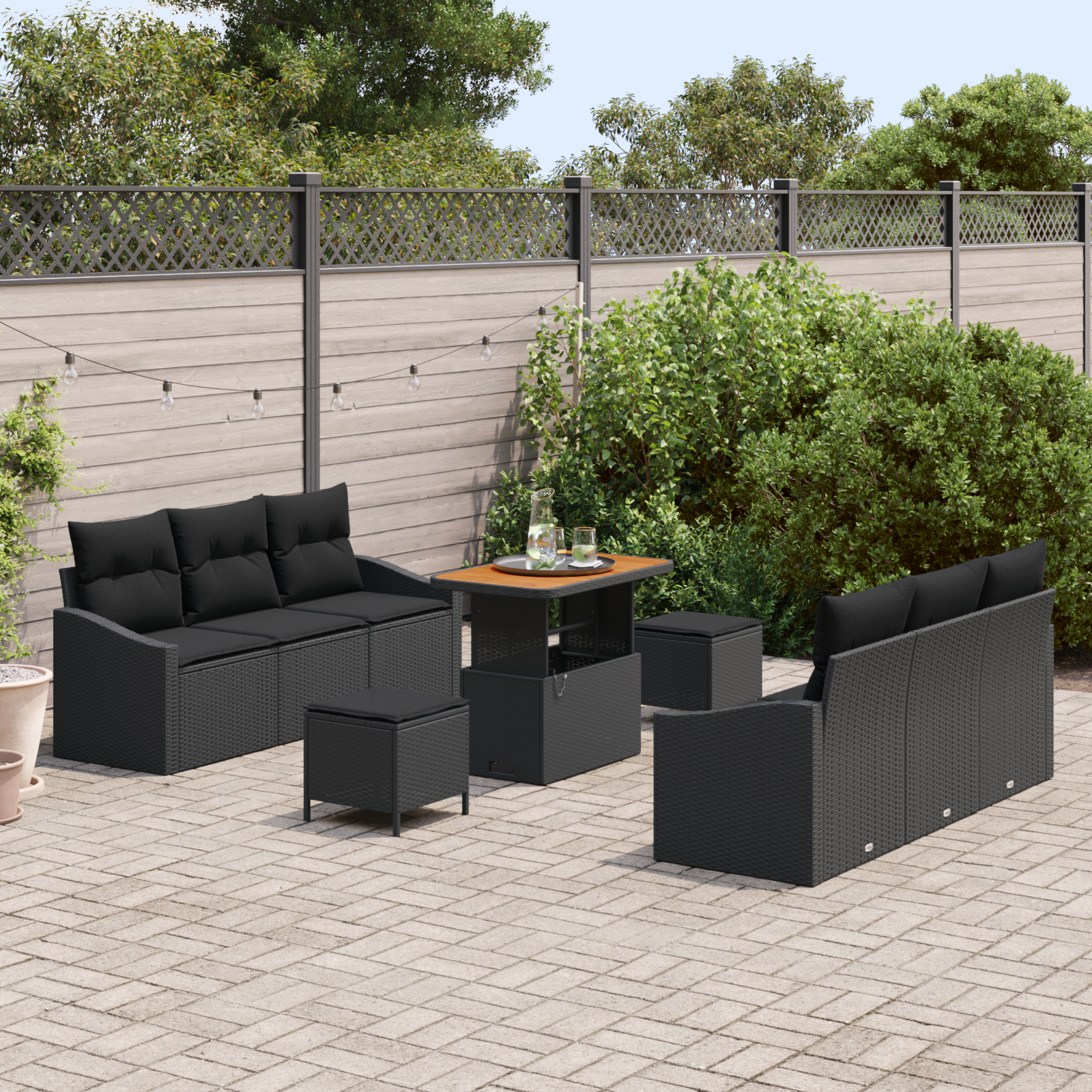 vidaXL 9-delige tuinsofa set met kussens in zwart poly rattan en acacia