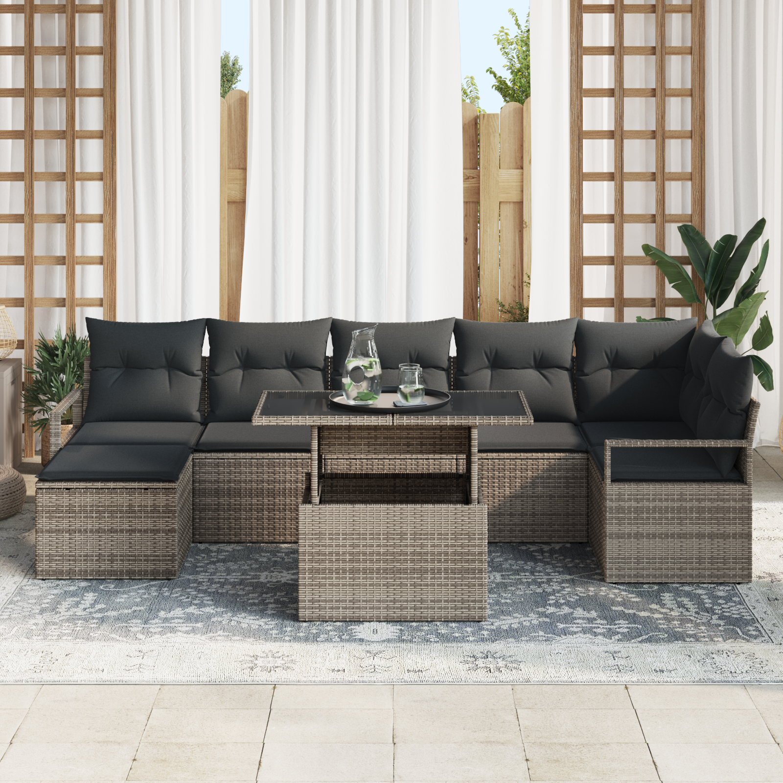 vidaXL 8-delige Tuinbankenset met kussens poly rattan grijs