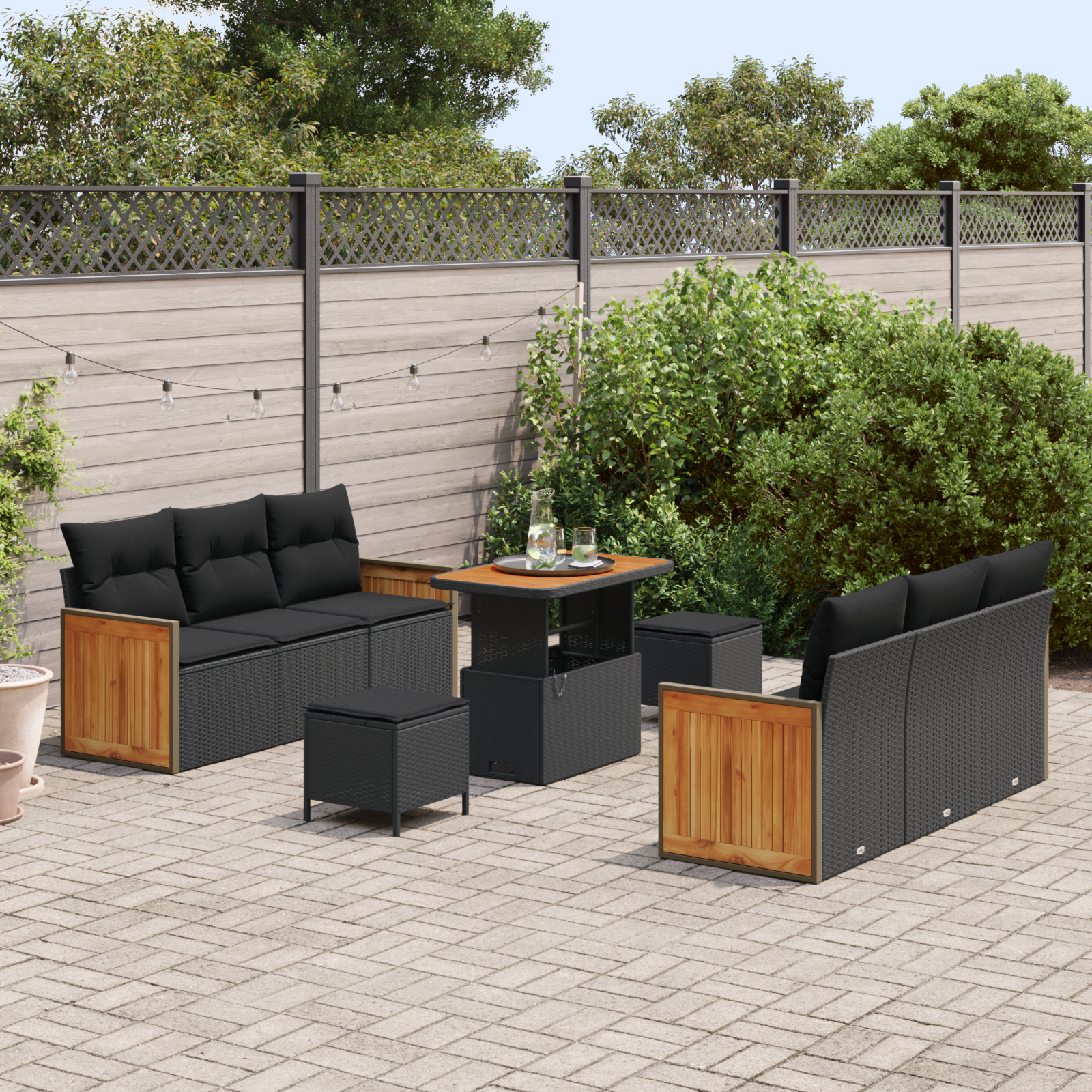 vidaXL 9-delige Tuinbankenset met kussens poly rattan acacia zwart
