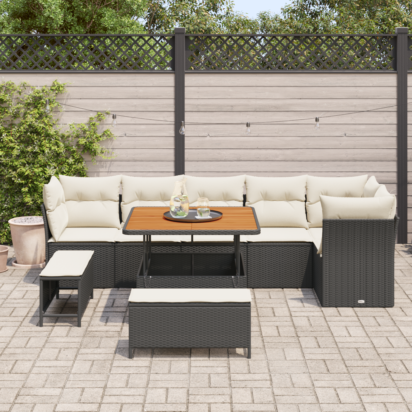 vidaXL Tuinbank 4-zits modulair met kussens zwart en crèmekleurig