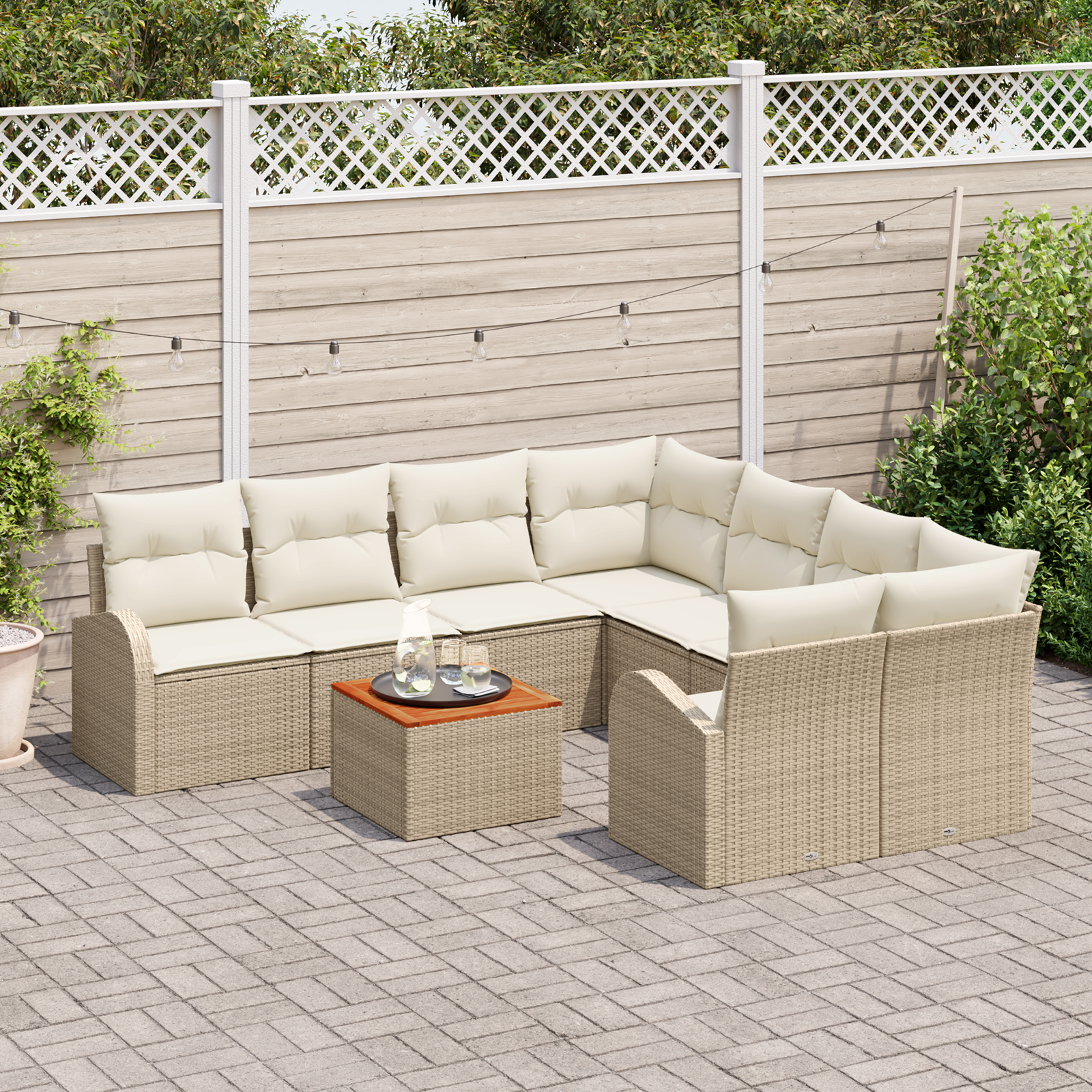 vidaXL 9-delige tuinset met kussens in beige poly rattan en acacia
