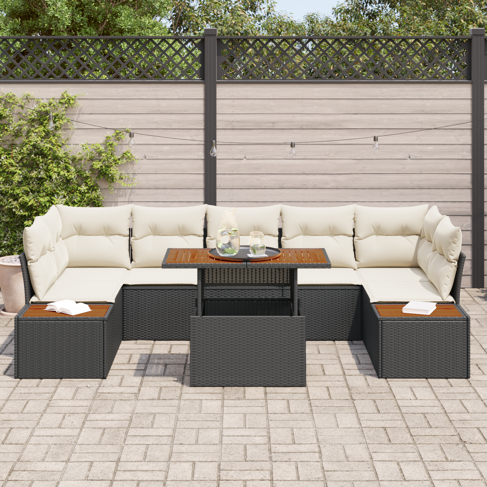 vidaXL 8-delige tuinset met kussens in zwart poly rattan