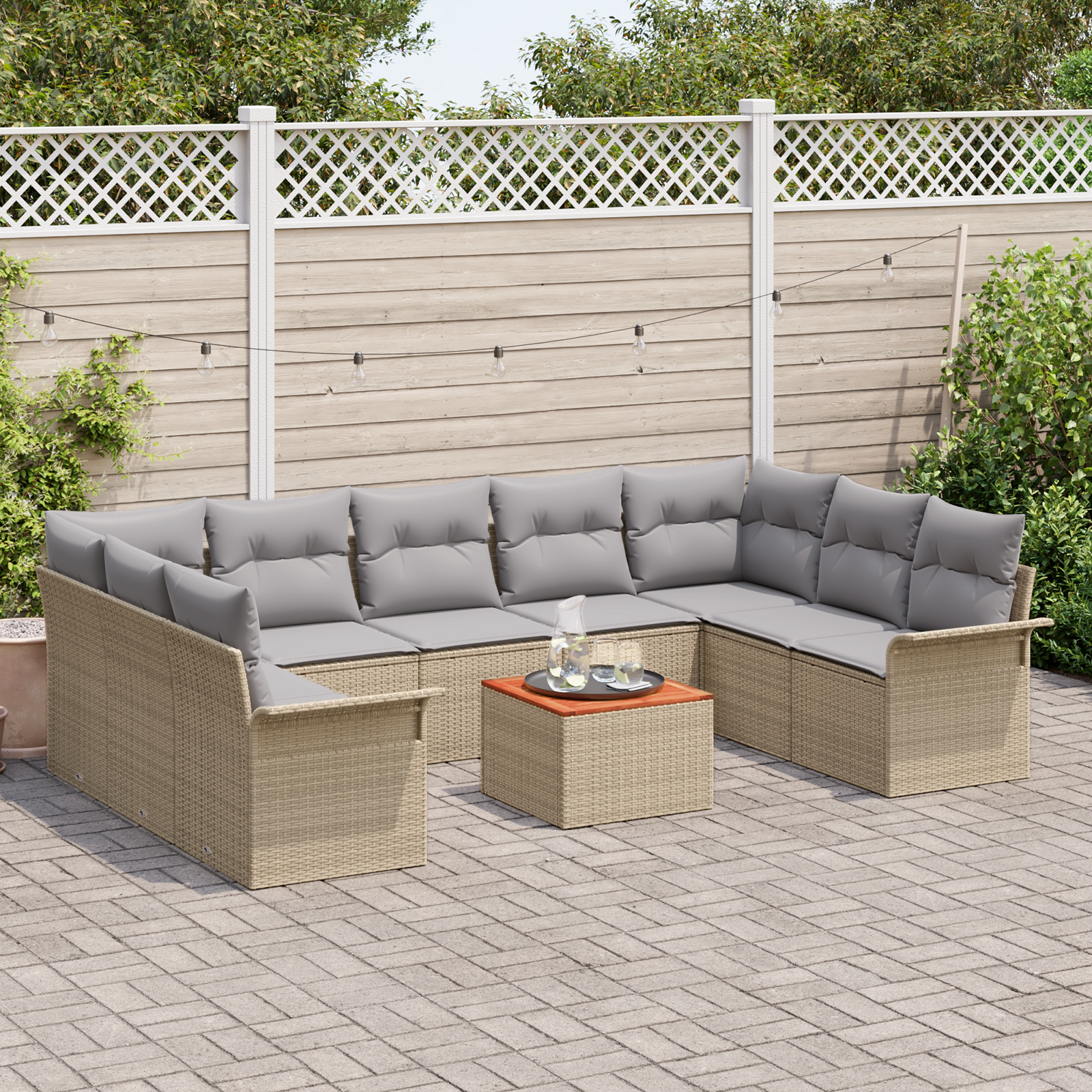 vidaXL 10-delige Tuinbankenset en kussens poly rattan acaciahout beige