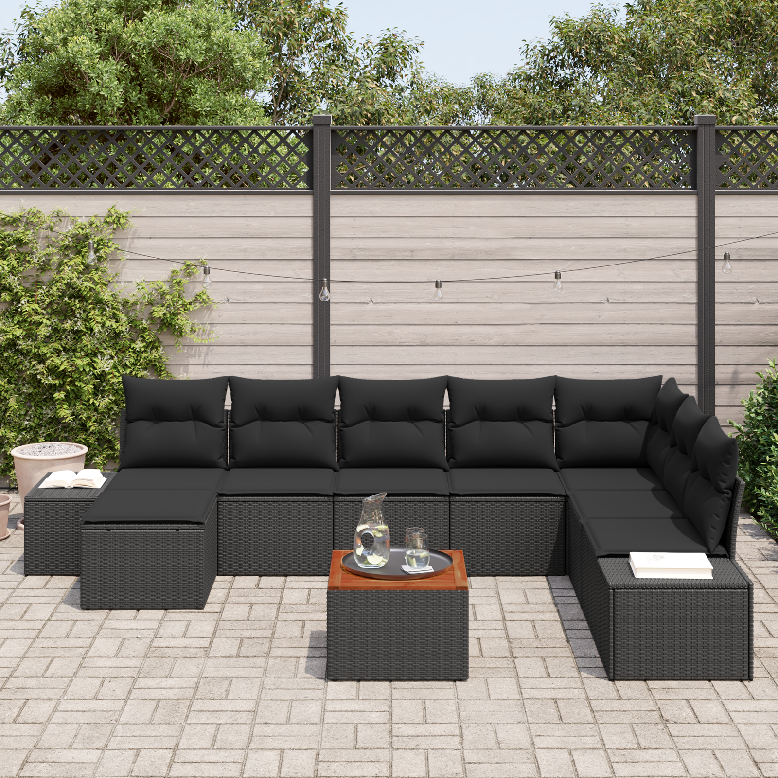 vidaXL 9-delige Tuinbankenset met kussens poly rattan acaciahout zwart