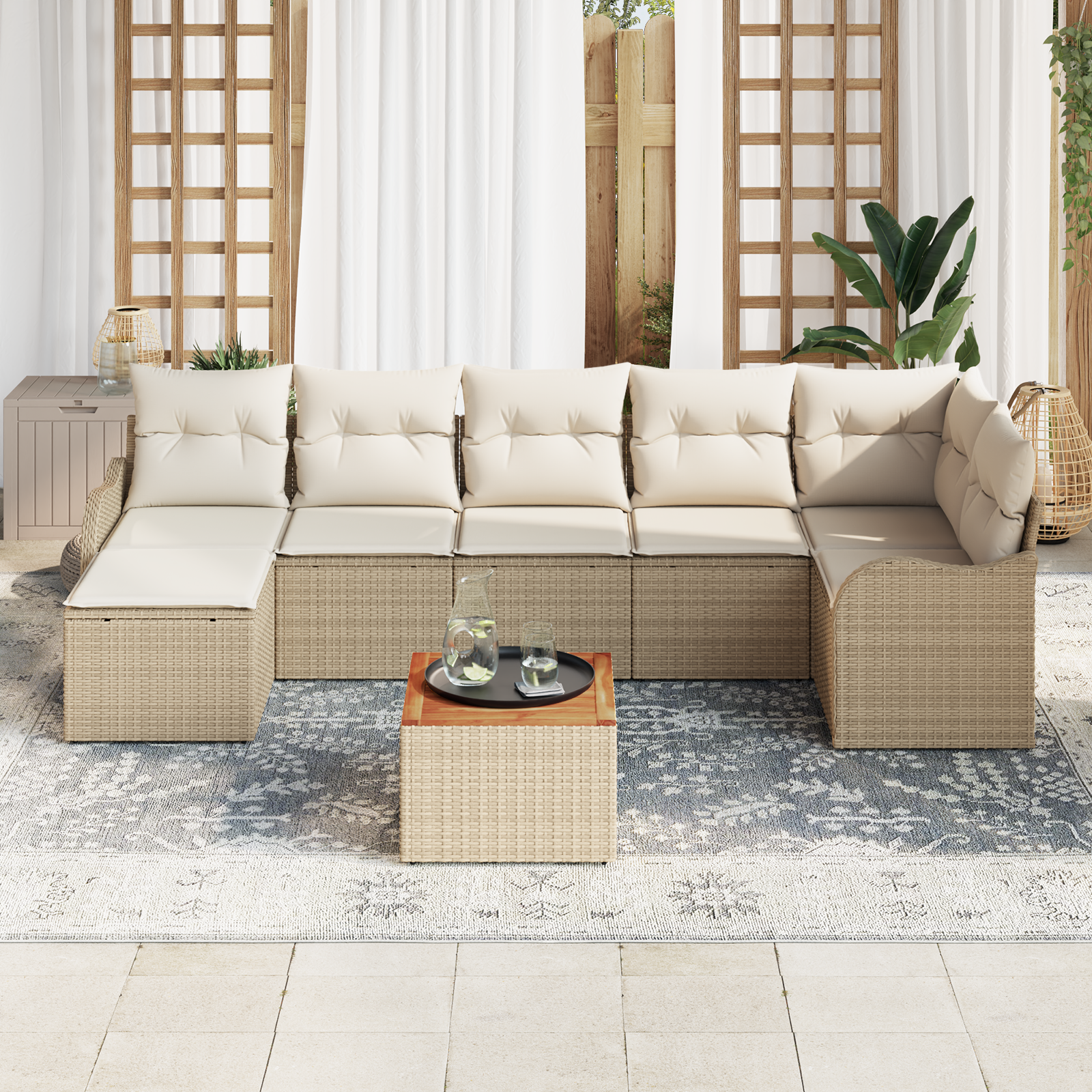 vidaXL 8-delige tuinset met kussens in beige van poly rattan en acaciahout