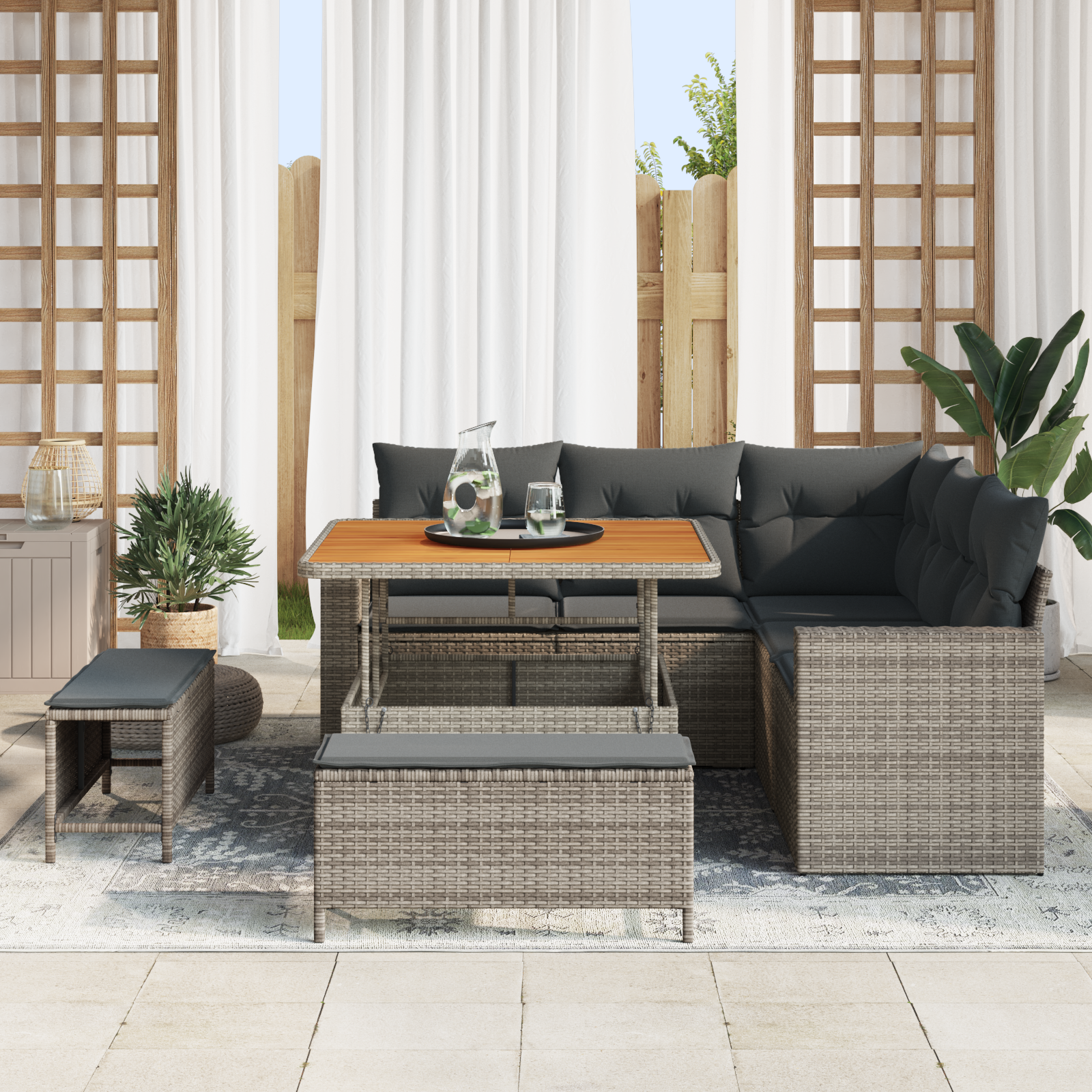 vidaXL 8-delige tuinset met kussens - Grijs Poly Rattan Acacia