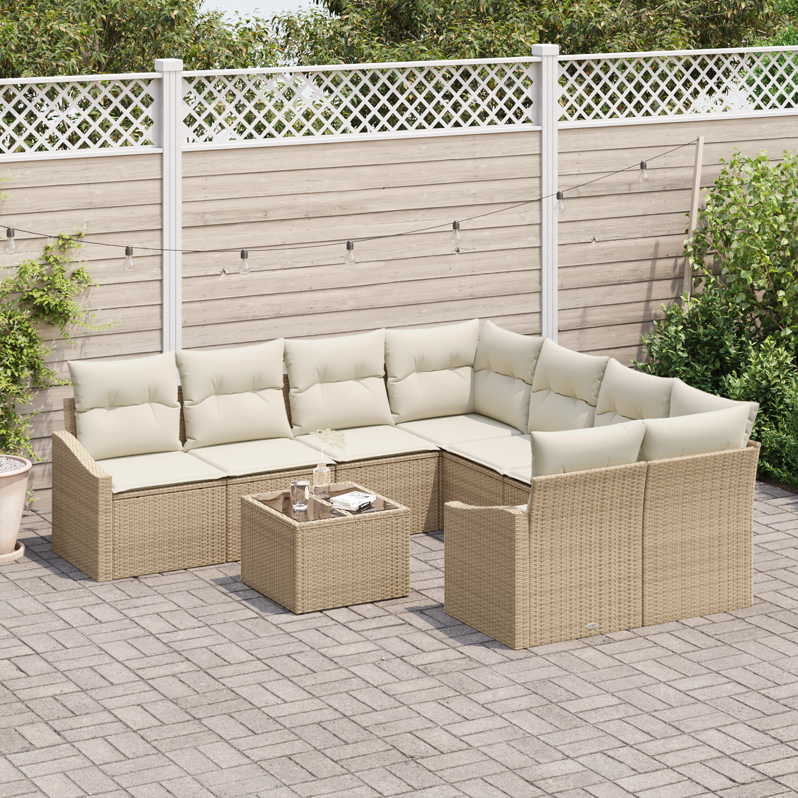 vidaXL 9-delige Tuinbankenset met kussens poly rattan beige