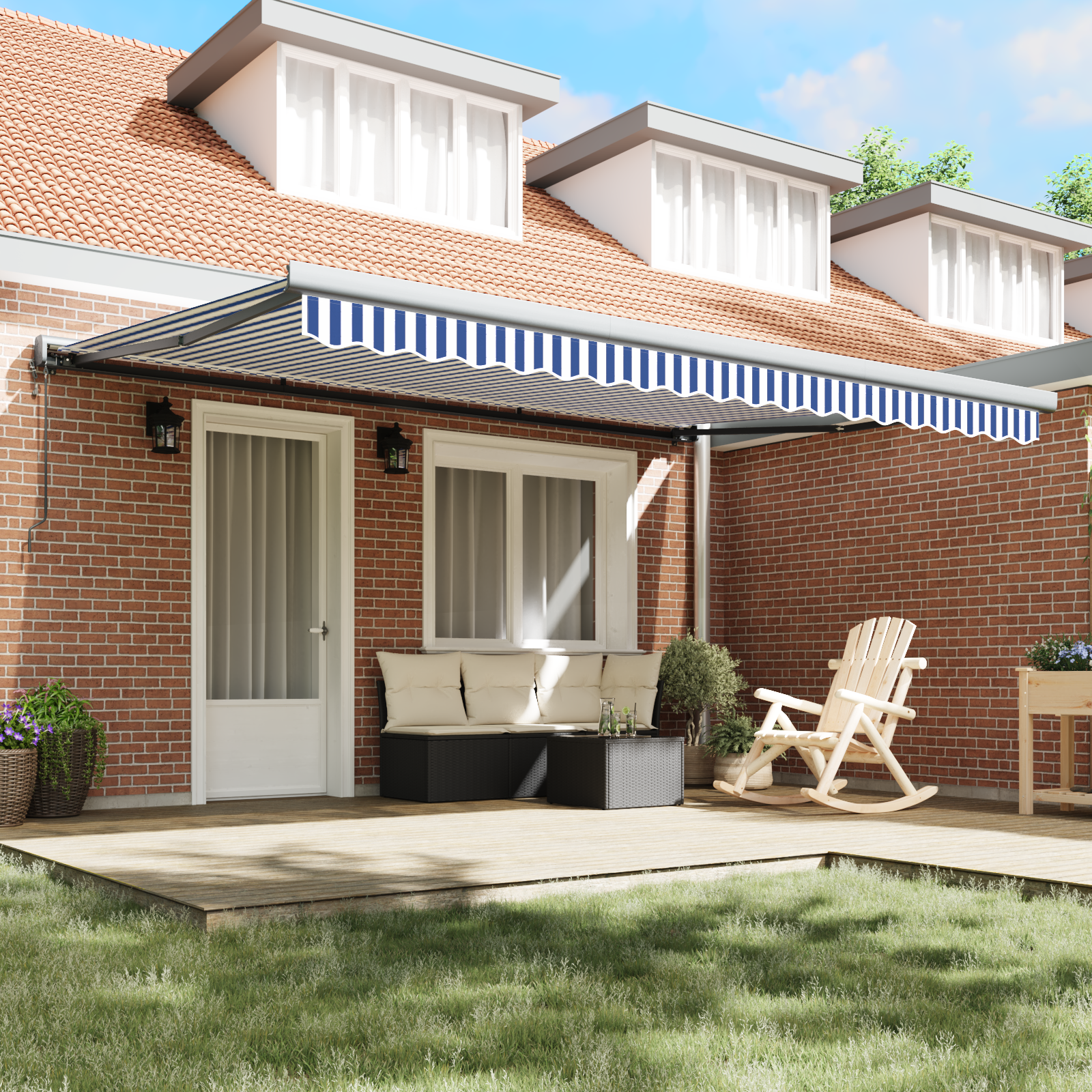 vidaXL automatische intrekbare luifel blauw en wit 450x300 cm