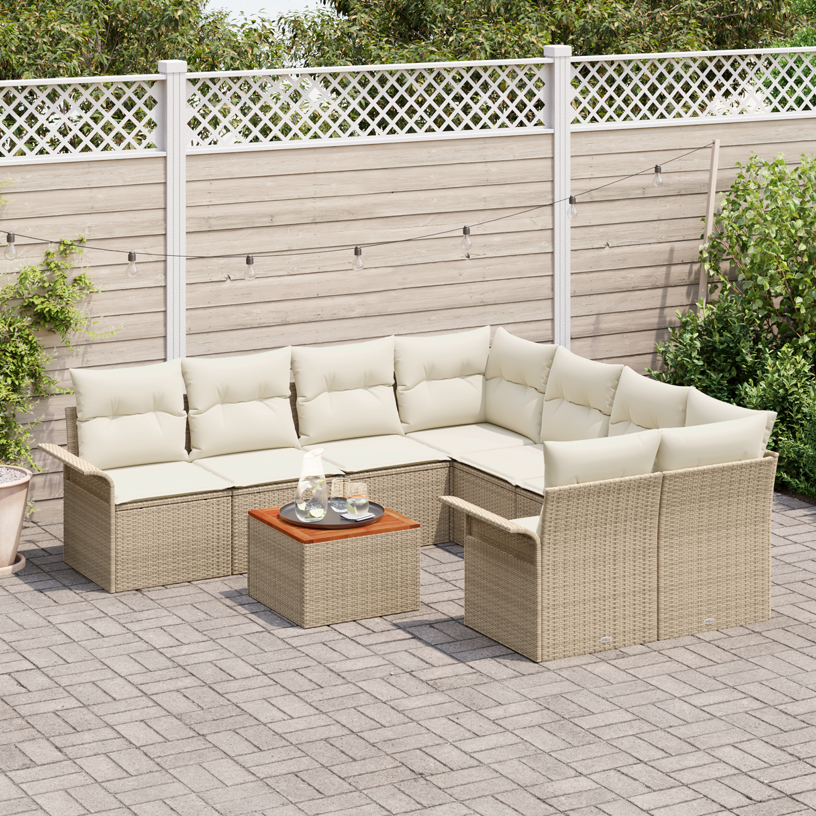 vidaXL 9-delige Tuinbankenset met kussens poly rattan acaciahout beige