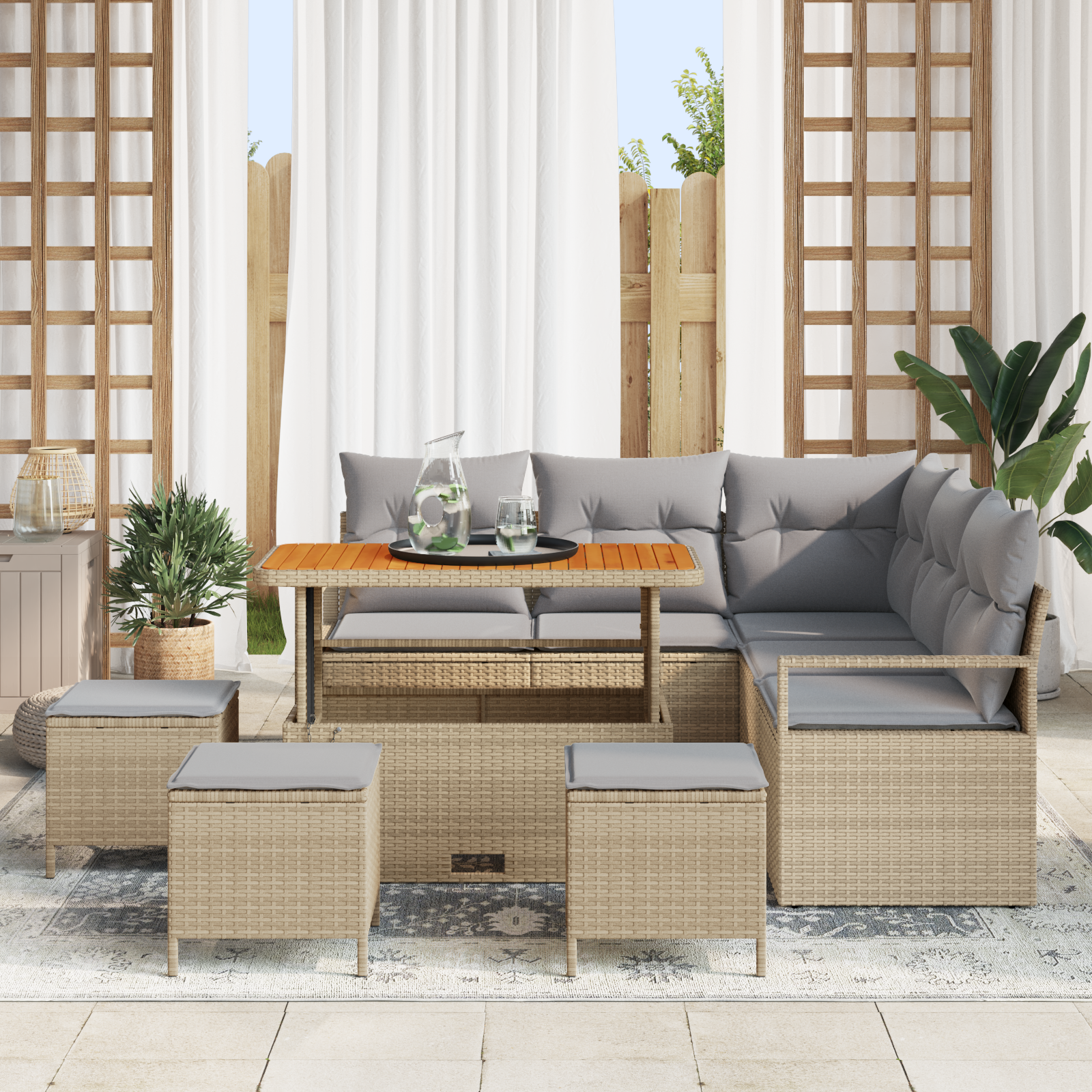 vidaXL 9-delige tuinbankset met kussens in beige van poly rattan en acacia