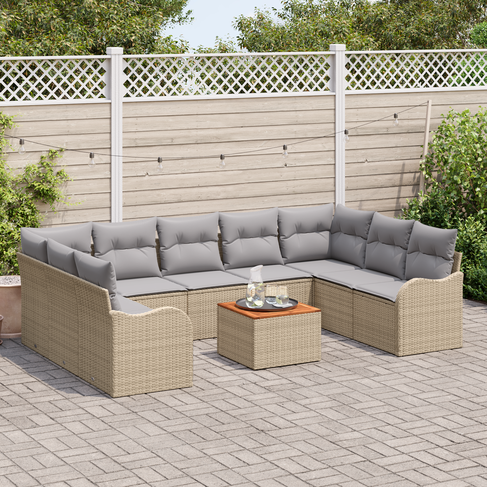 vidaXL 10-delige tuinsofa set met kussens in beige van poly rattan en acaciahout