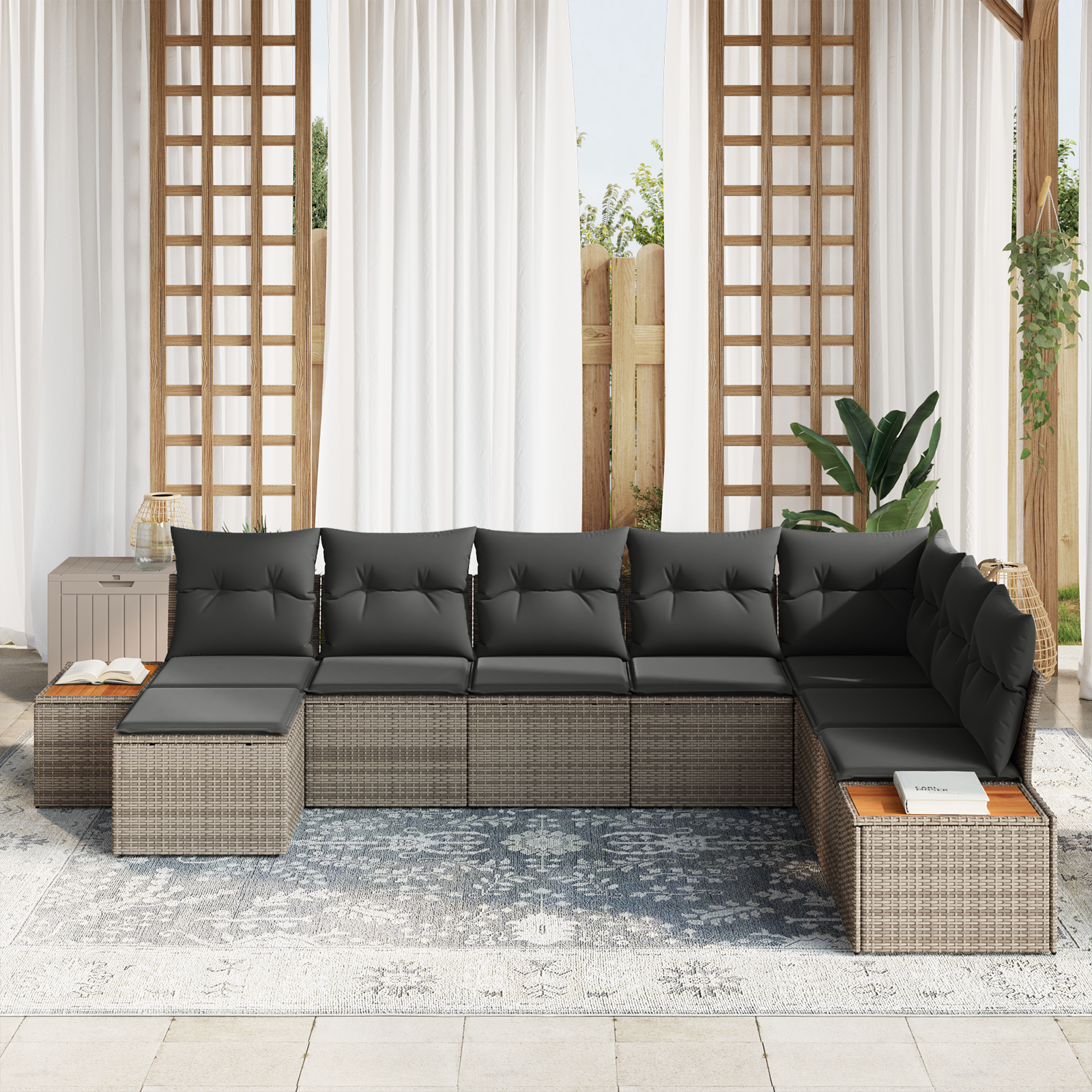 vidaXL 8-delige Tuinbankenset met kussens poly rattan acacia grijs